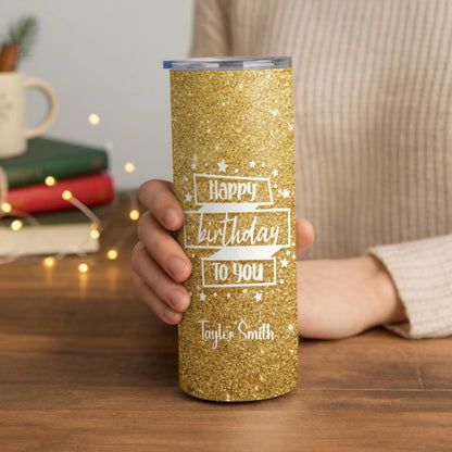 Personalized 20oz skinny tumbler – Personalized | lifestyle scene | custom name available, dishwasher safe, double-wall