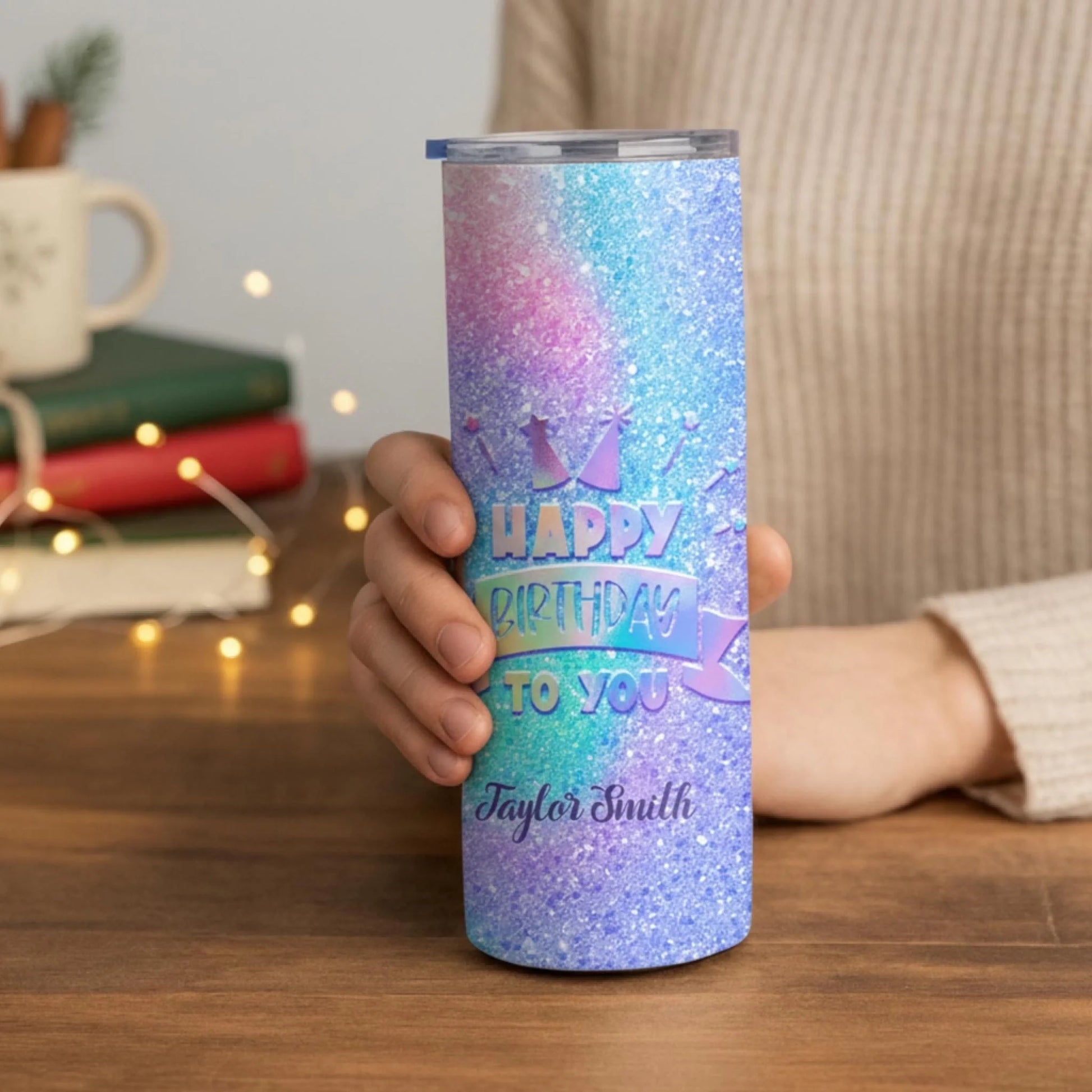 Personalized 20oz skinny tumbler – Personalized | lifestyle scene | custom name available, dishwasher safe, double-wall