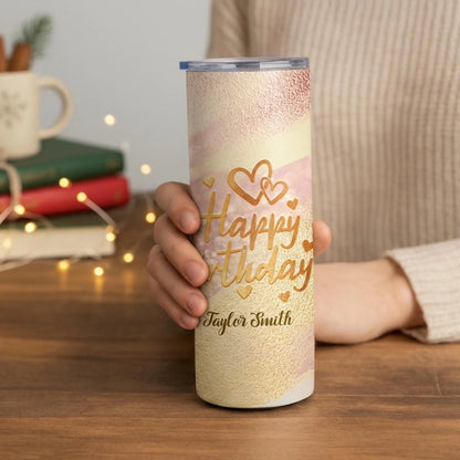 Personalized 20oz skinny tumbler – Personalized | lifestyle scene | custom name available, dishwasher safe, double-wall