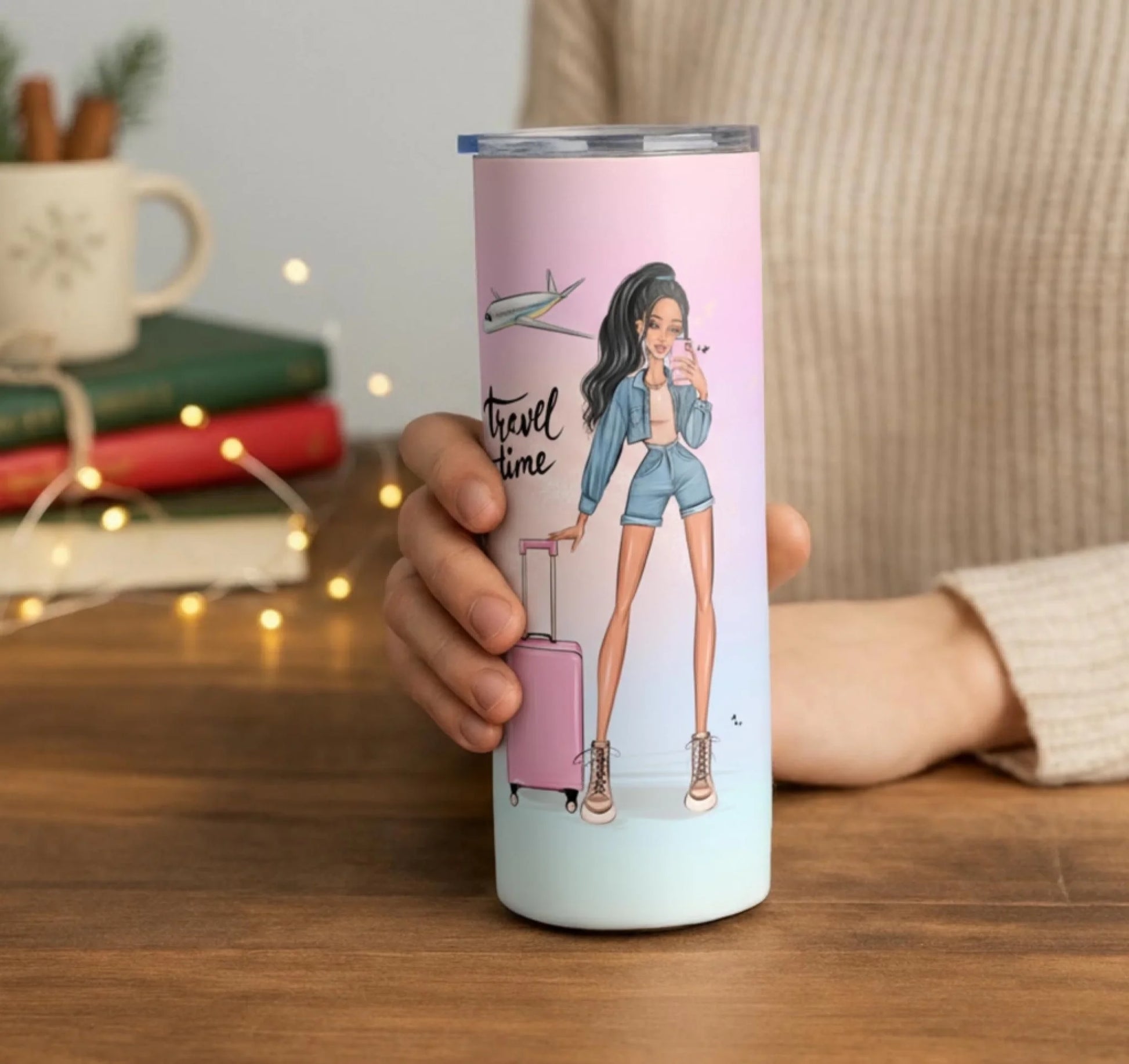 Personalized 20oz skinny tumbler – Personalized | lifestyle scene | custom name available, dishwasher safe, double-wall