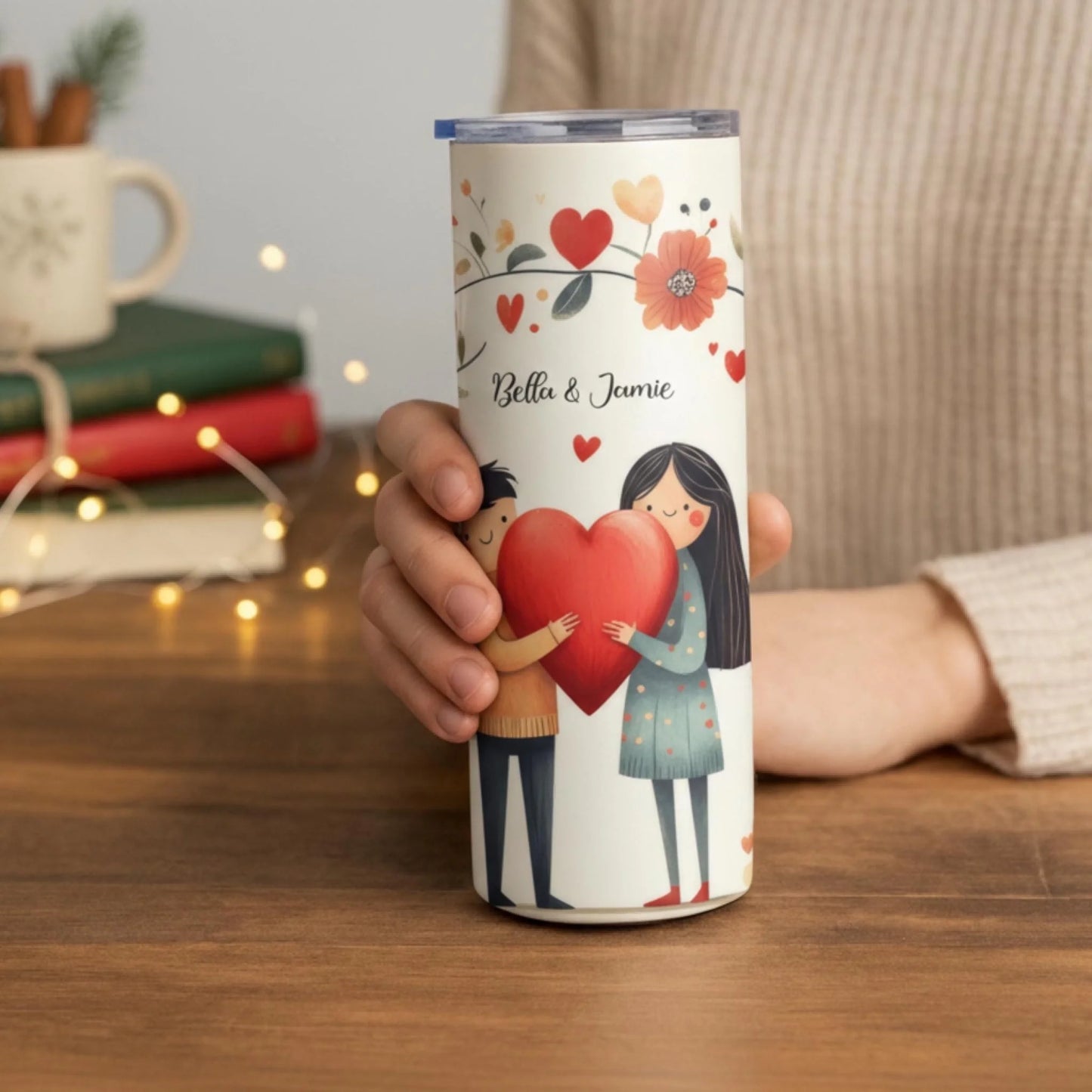 Personalized 20oz skinny tumbler – Personalized | lifestyle scene | custom name available, dishwasher safe, double-wall