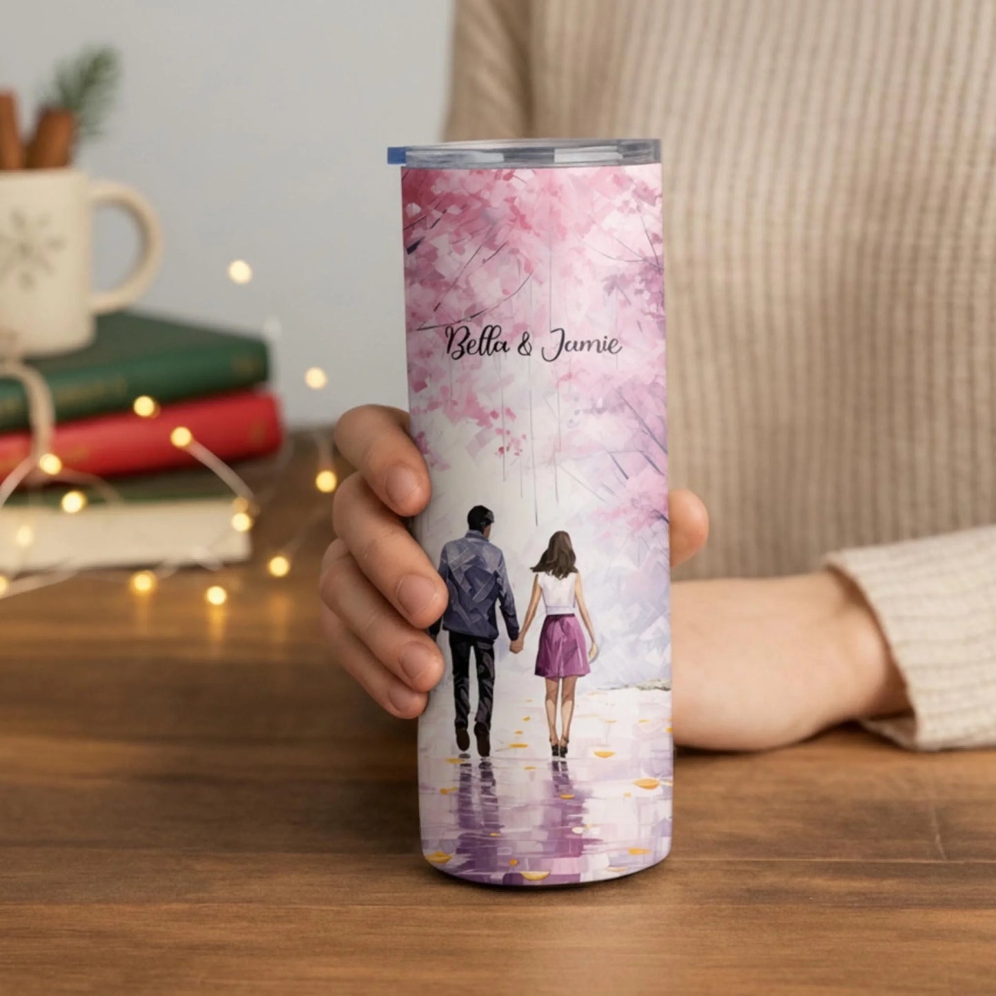 Personalized 20oz skinny tumbler – Personalized | lifestyle scene | custom name available, dishwasher safe, double-wall