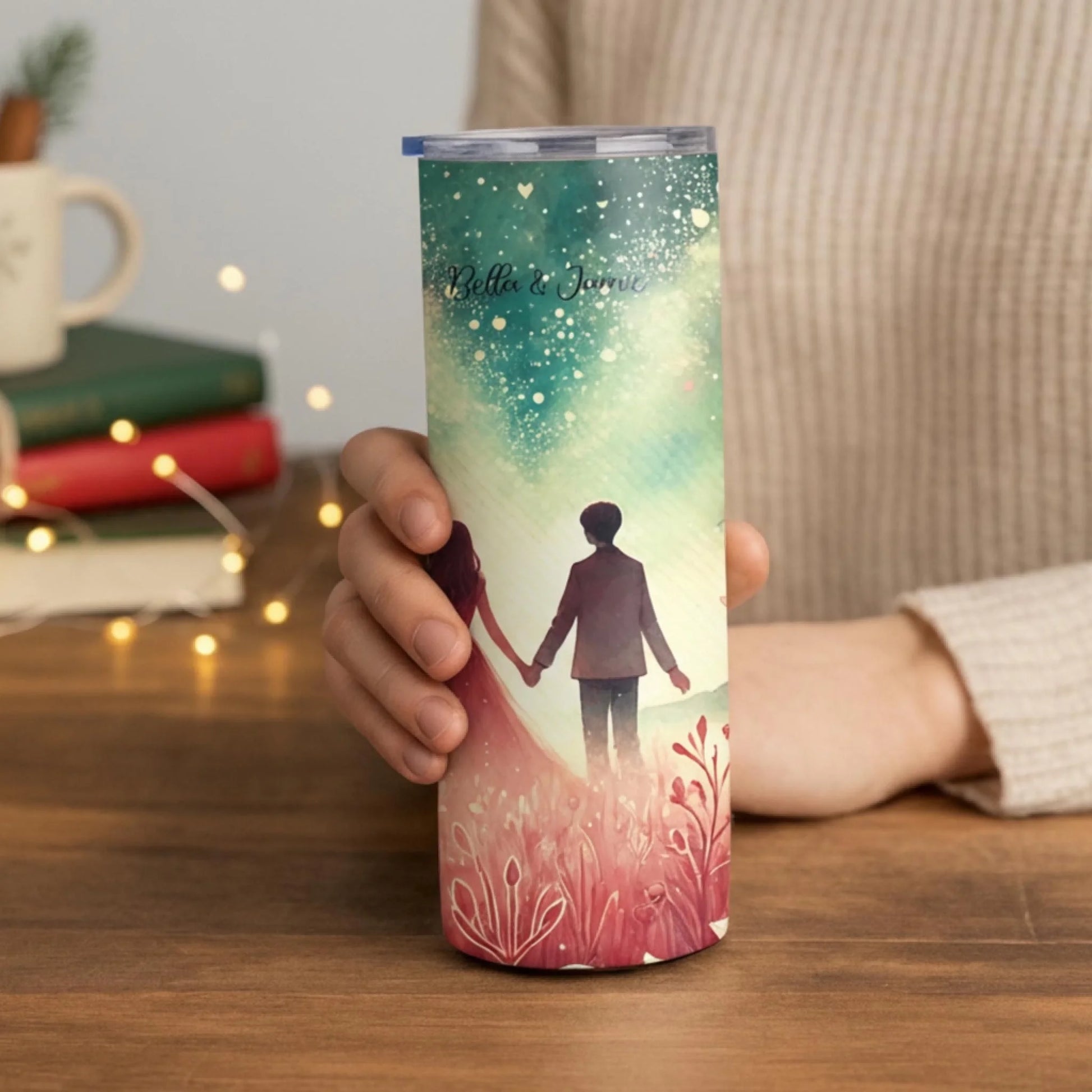 Personalized 20oz skinny tumbler – Personalized | lifestyle scene | custom name available, dishwasher safe, double-wall