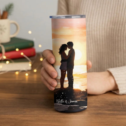 Personalized 20oz skinny tumbler – Personalized | lifestyle scene | custom name available, dishwasher safe, double-wall