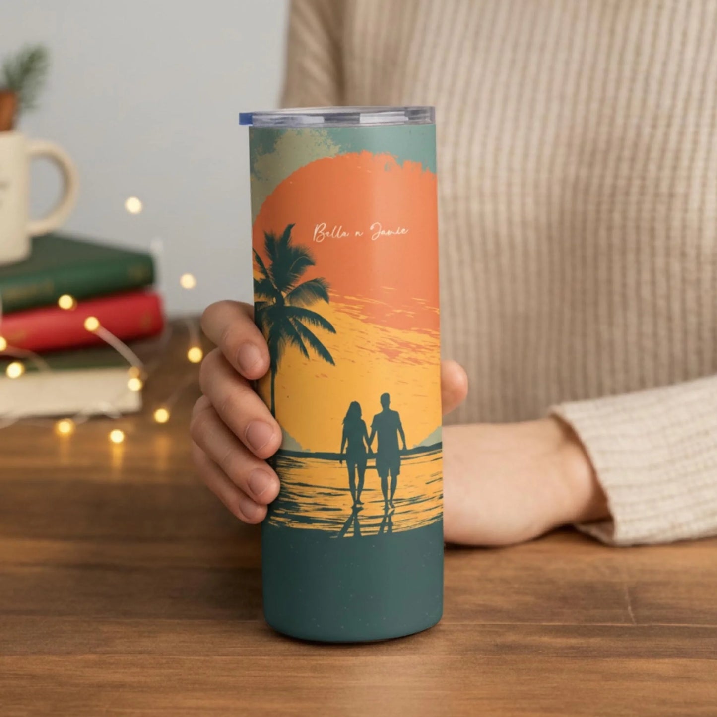 Personalized 20oz skinny tumbler – Personalized | lifestyle scene | custom name available, dishwasher safe, double-wall