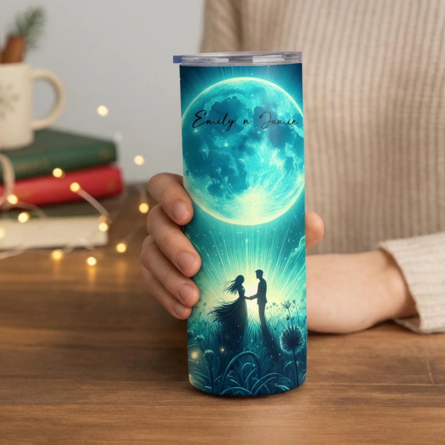 Personalized 20oz skinny tumbler – Personalized | lifestyle scene | custom name available, dishwasher safe, double-wall