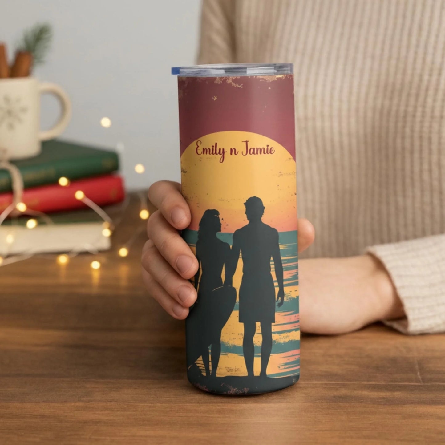 Personalized 20oz skinny tumbler – Personalized | lifestyle scene | custom name available, dishwasher safe, double-wall