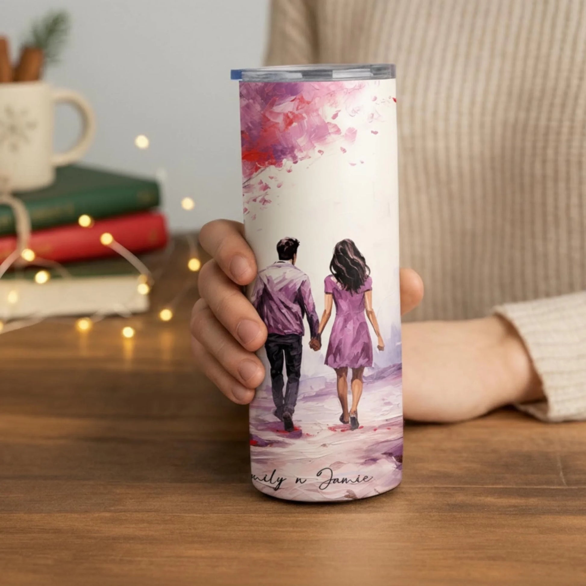 Personalized 20oz skinny tumbler – Personalized | lifestyle scene | custom name available, dishwasher safe, double-wall