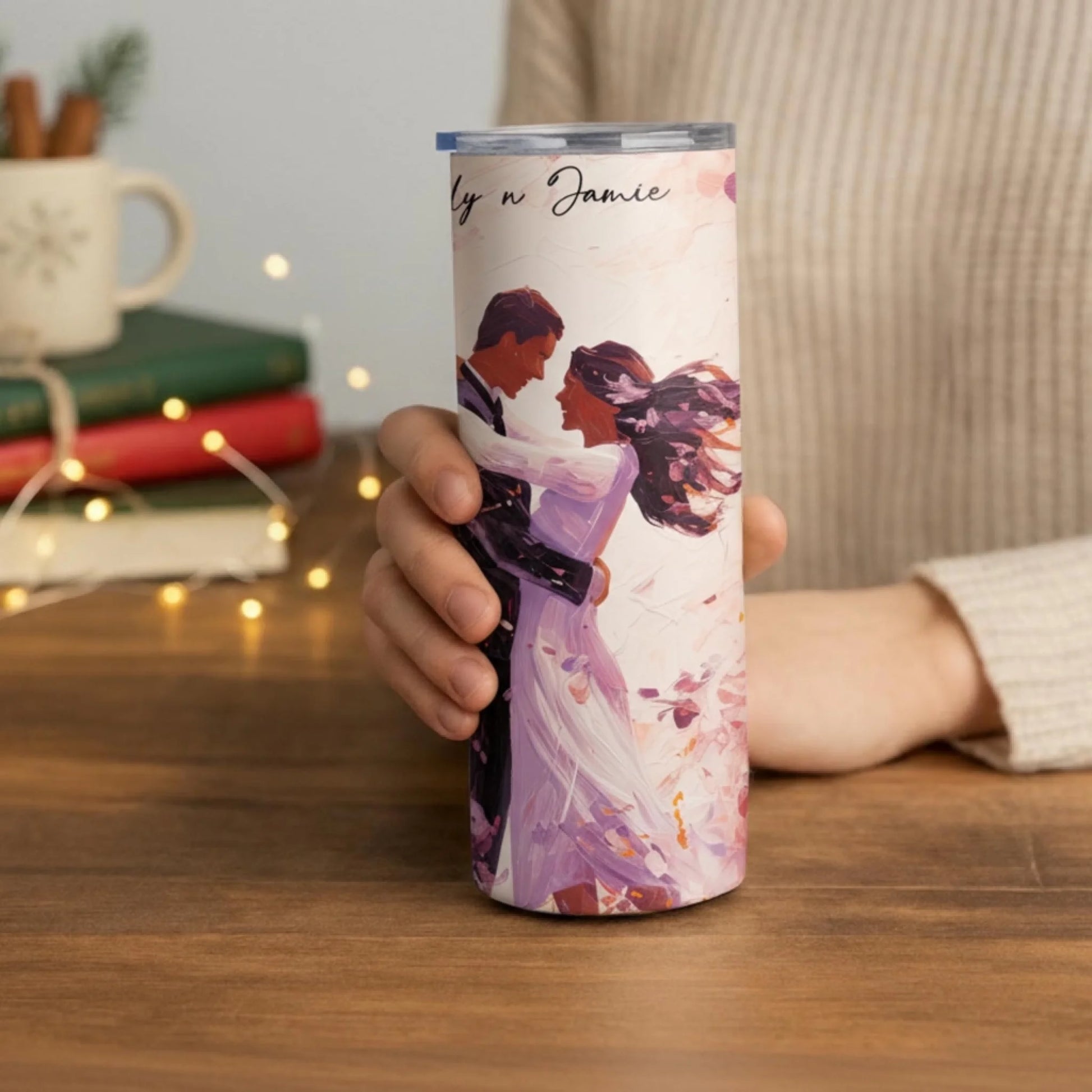 Personalized 20oz skinny tumbler – Personalized | lifestyle scene | custom name available, dishwasher safe, double-wall