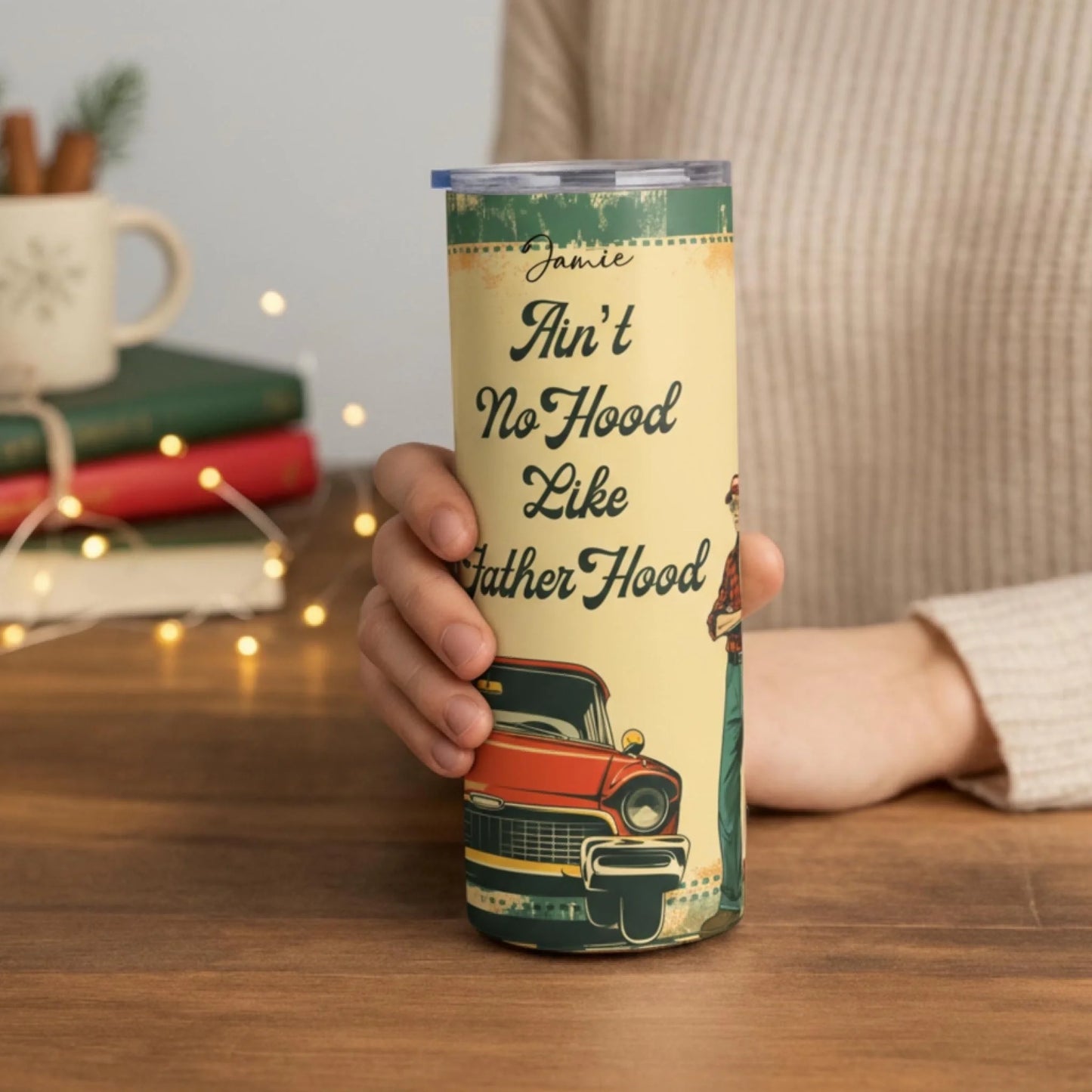 Personalized 20oz skinny tumbler – Personalized | lifestyle scene | custom name available, dishwasher safe, double-wall