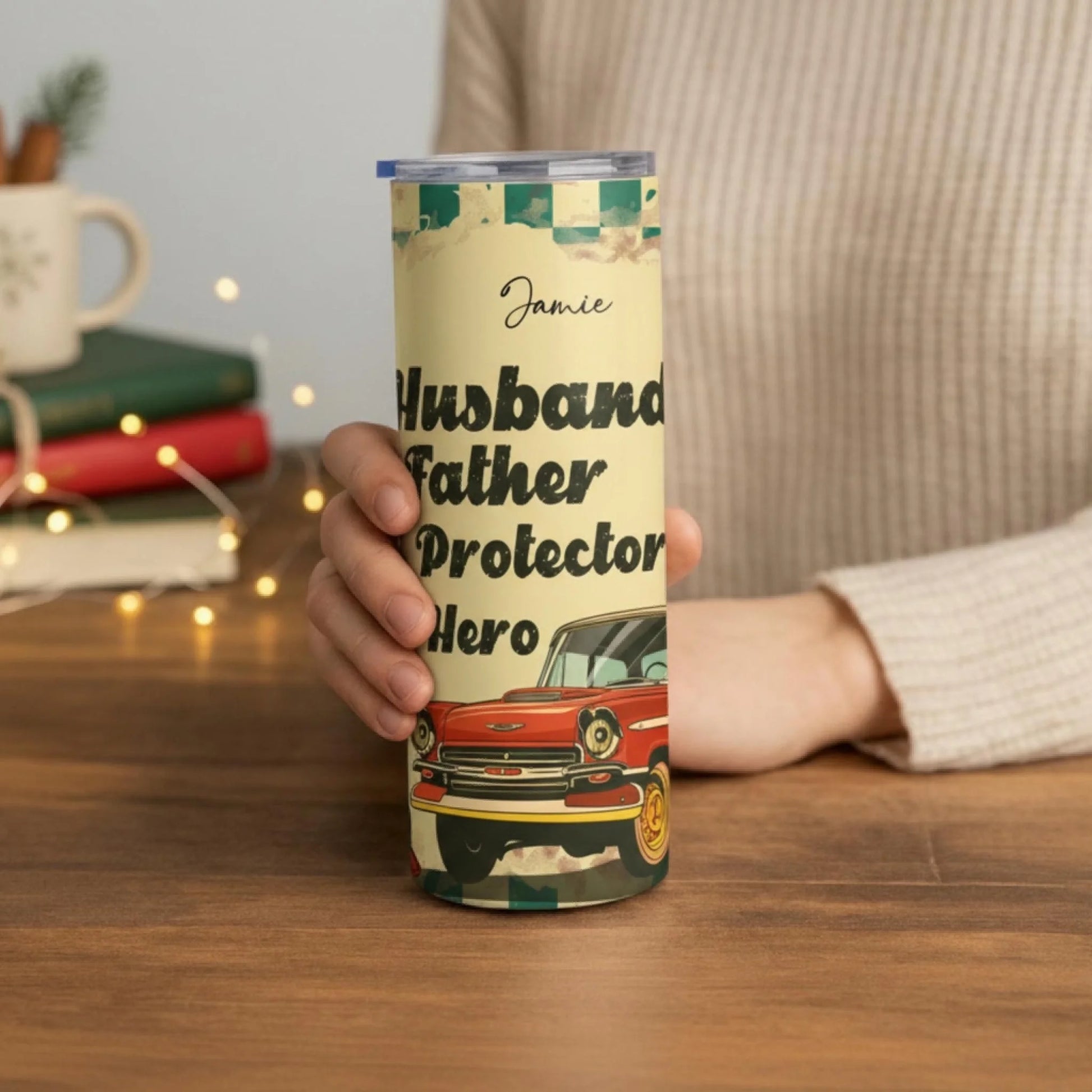 Personalized 20oz skinny tumbler – Personalized | lifestyle scene | custom name available, dishwasher safe, double-wall