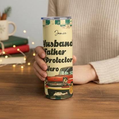 Personalized 20oz skinny tumbler – Personalized | lifestyle scene | custom name available, dishwasher safe, double-wall