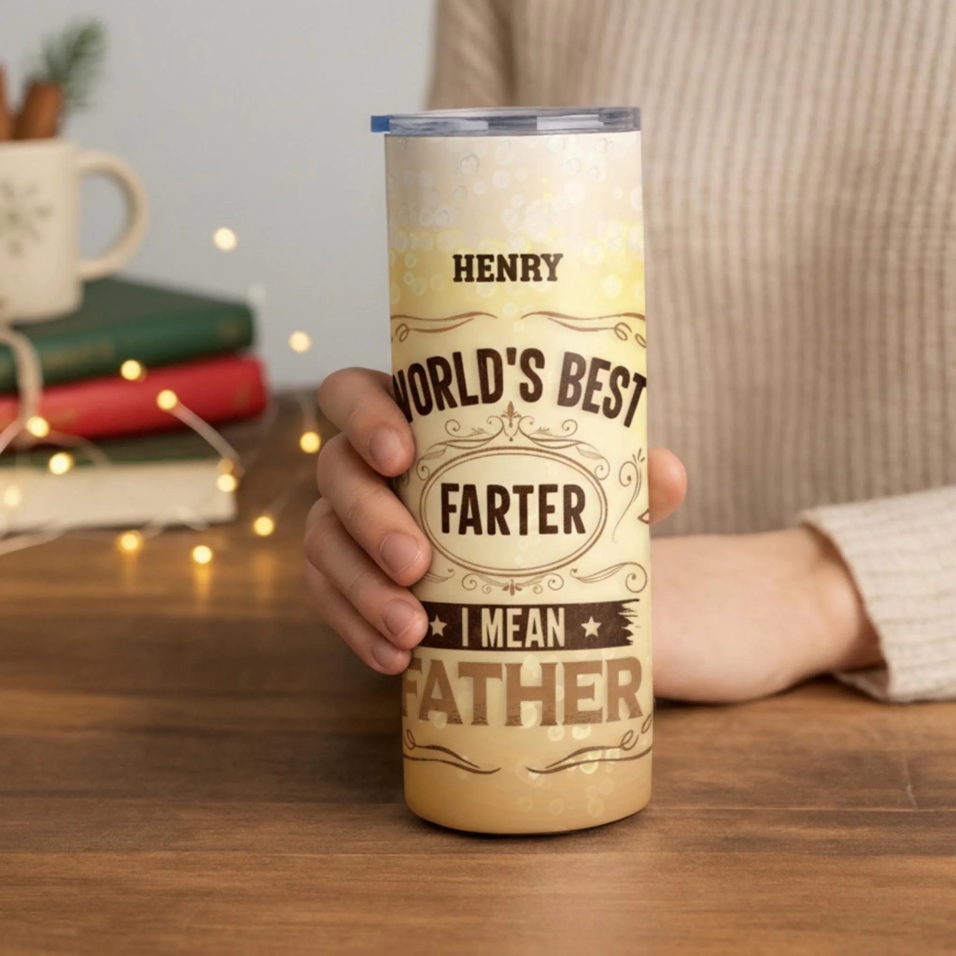 Personalized 20oz skinny tumbler – Personalized | lifestyle scene | custom name available, dishwasher safe, double-wall