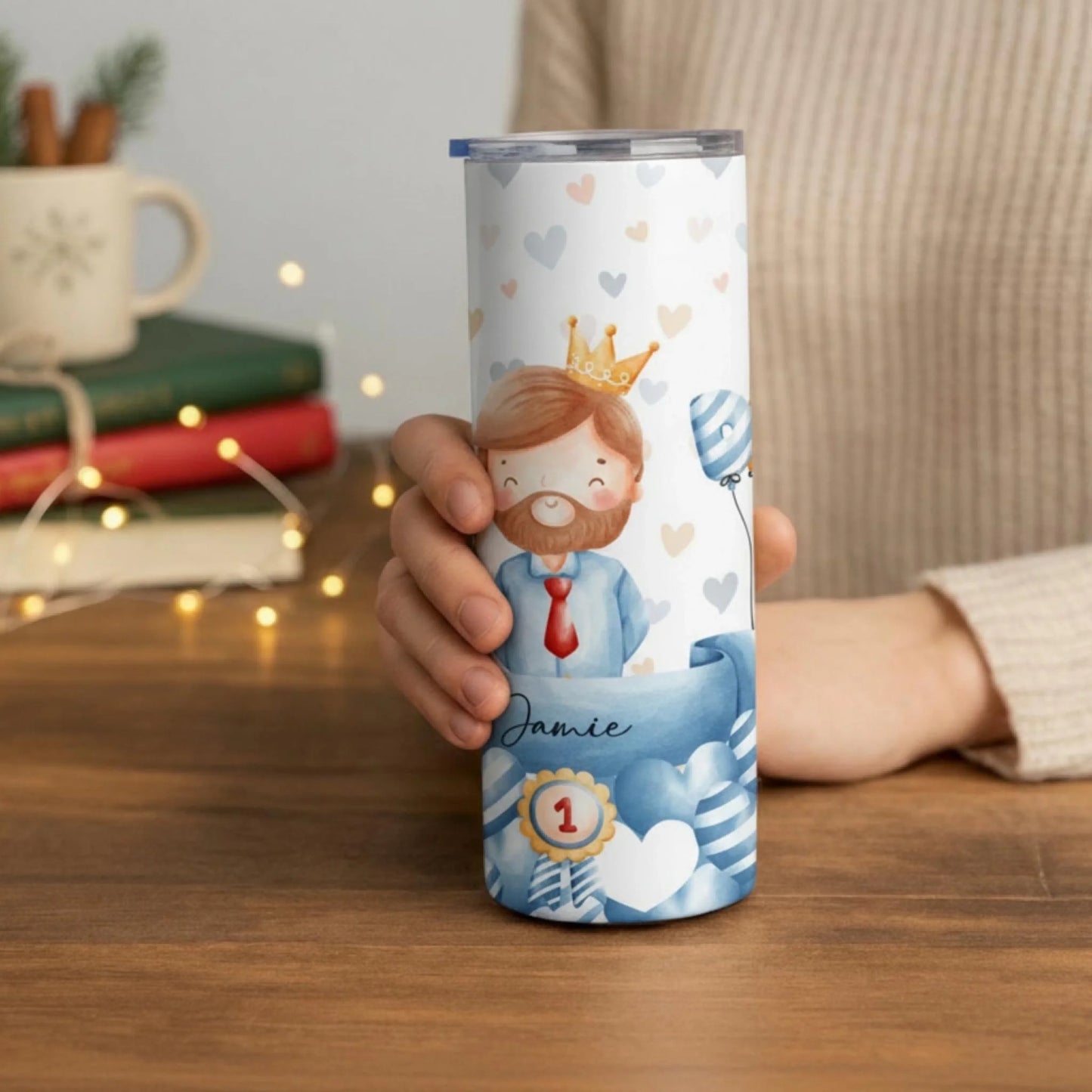 Personalized 20oz skinny tumbler – Personalized | lifestyle scene | custom name available, dishwasher safe, double-wall