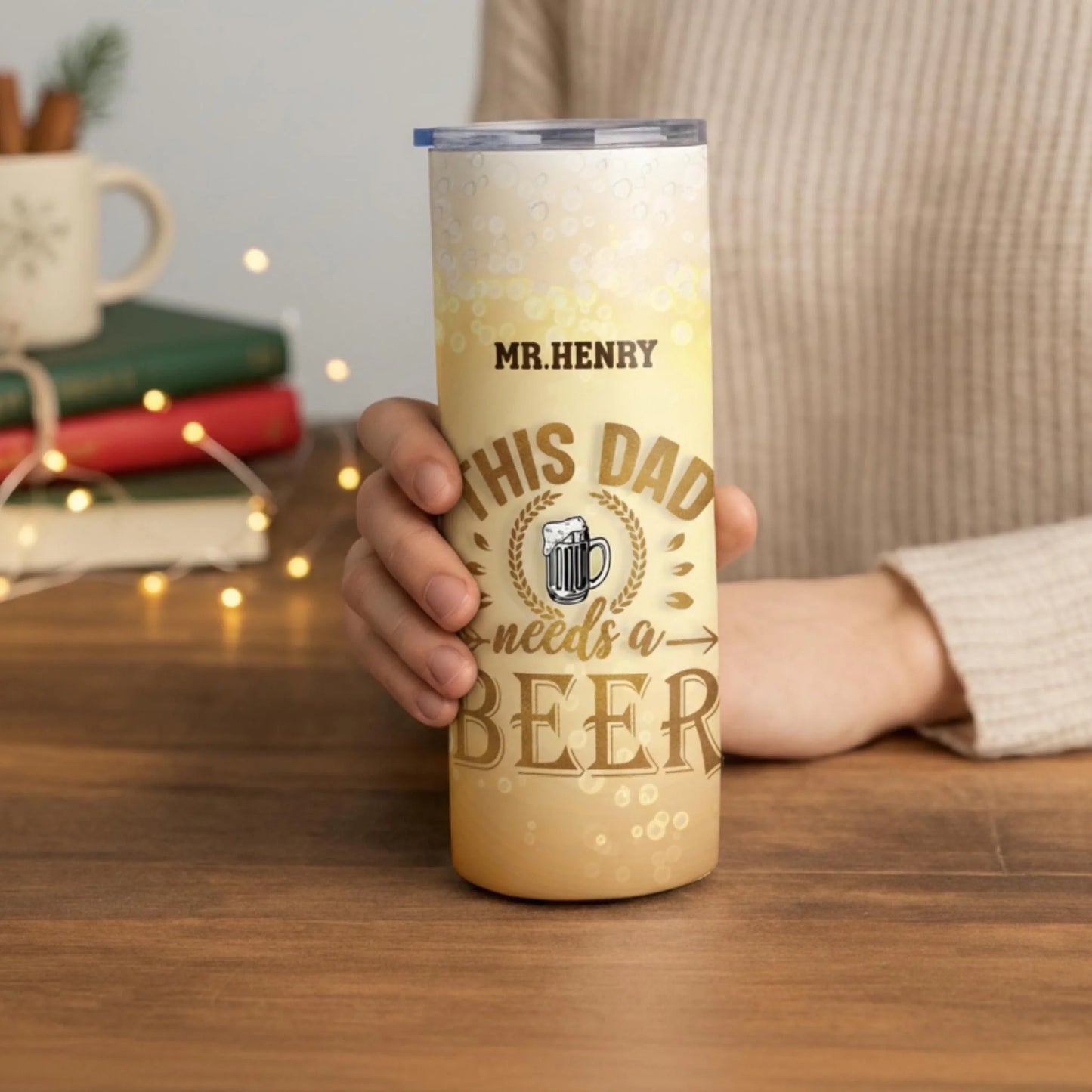 Personalized 20oz skinny tumbler – Personalized | lifestyle scene | custom name available, dishwasher safe, double-wall