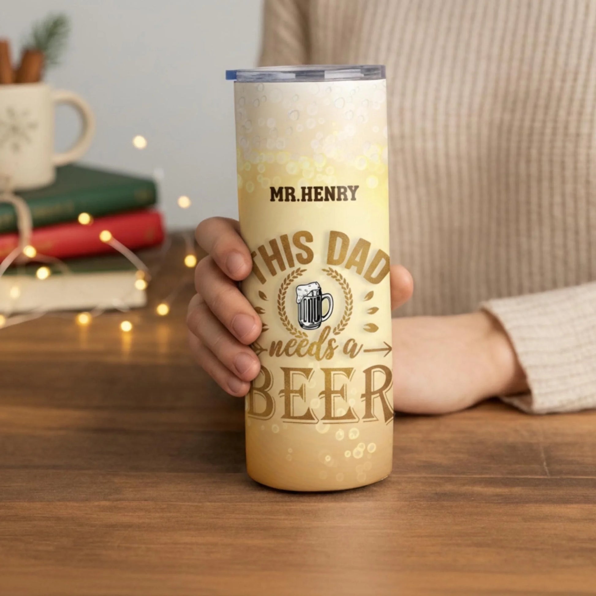 Personalized 20oz skinny tumbler – Personalized | lifestyle scene | custom name available, dishwasher safe, double-wall