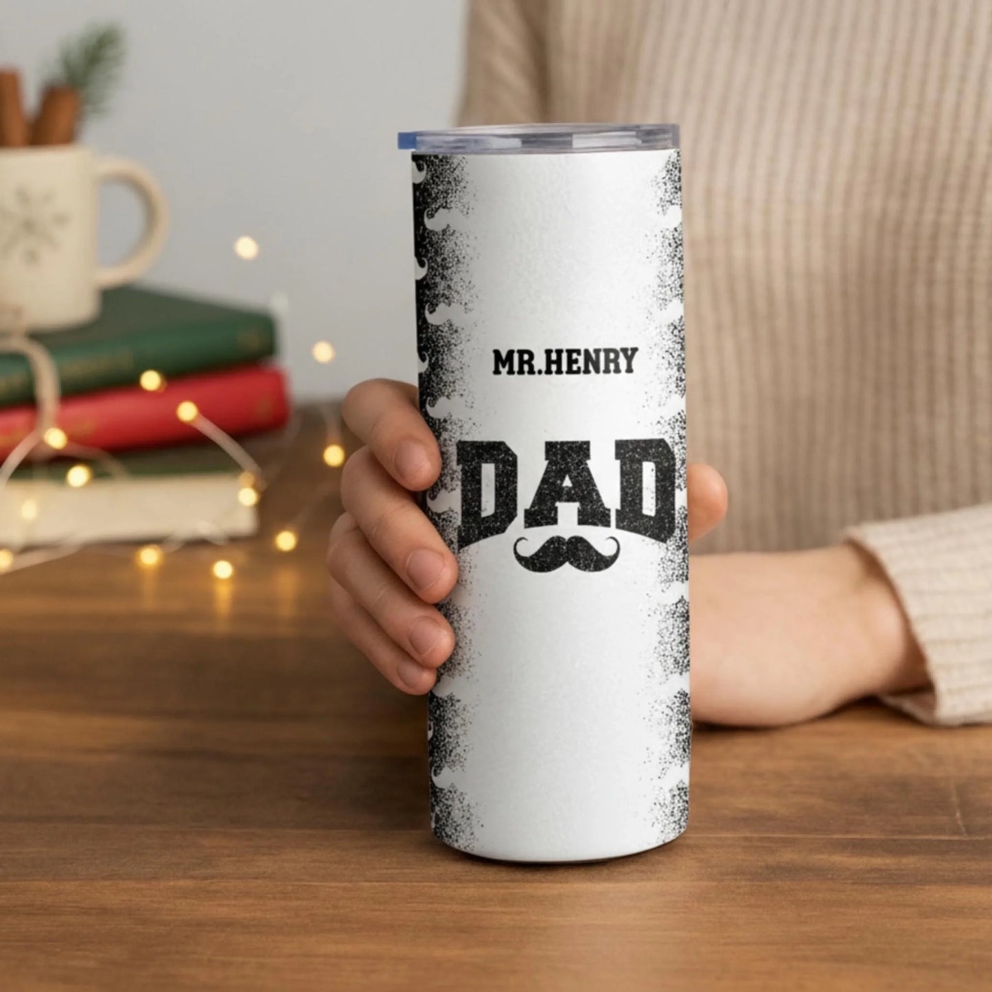 Personalized 20oz skinny tumbler – Personalized | lifestyle scene | custom name available, dishwasher safe, double-wall