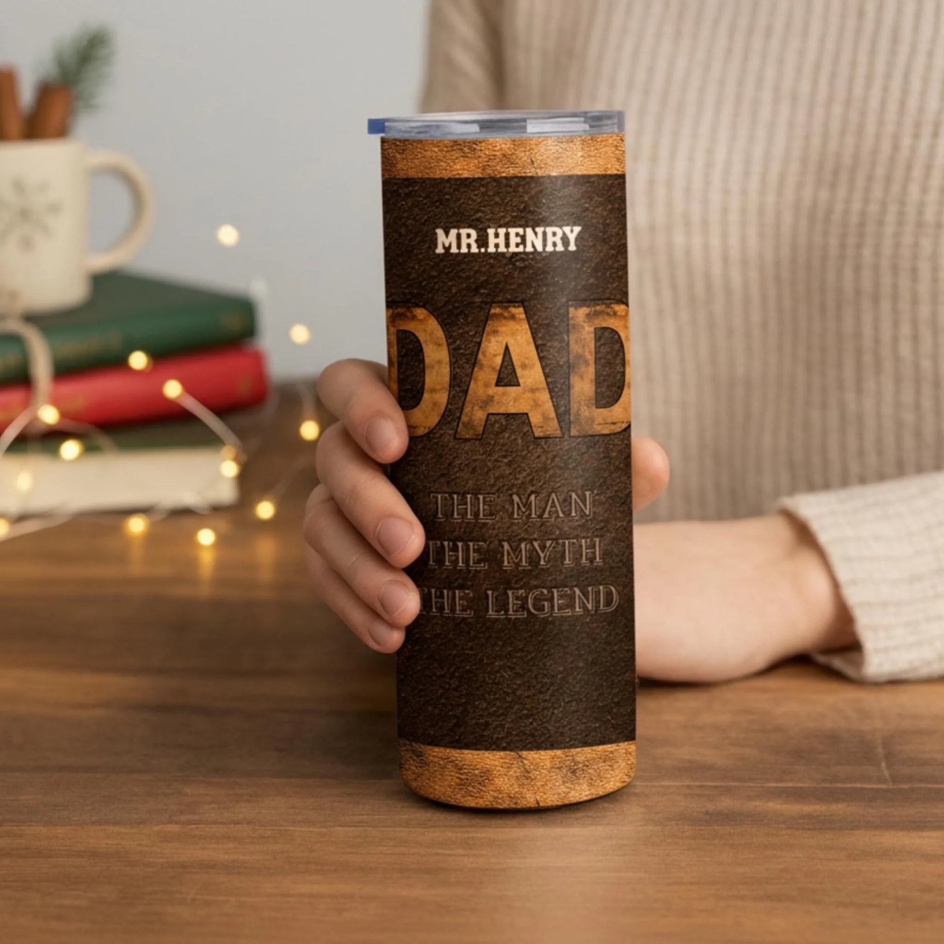 Personalized 20oz skinny tumbler – Personalized | lifestyle scene | custom name available, dishwasher safe, double-wall