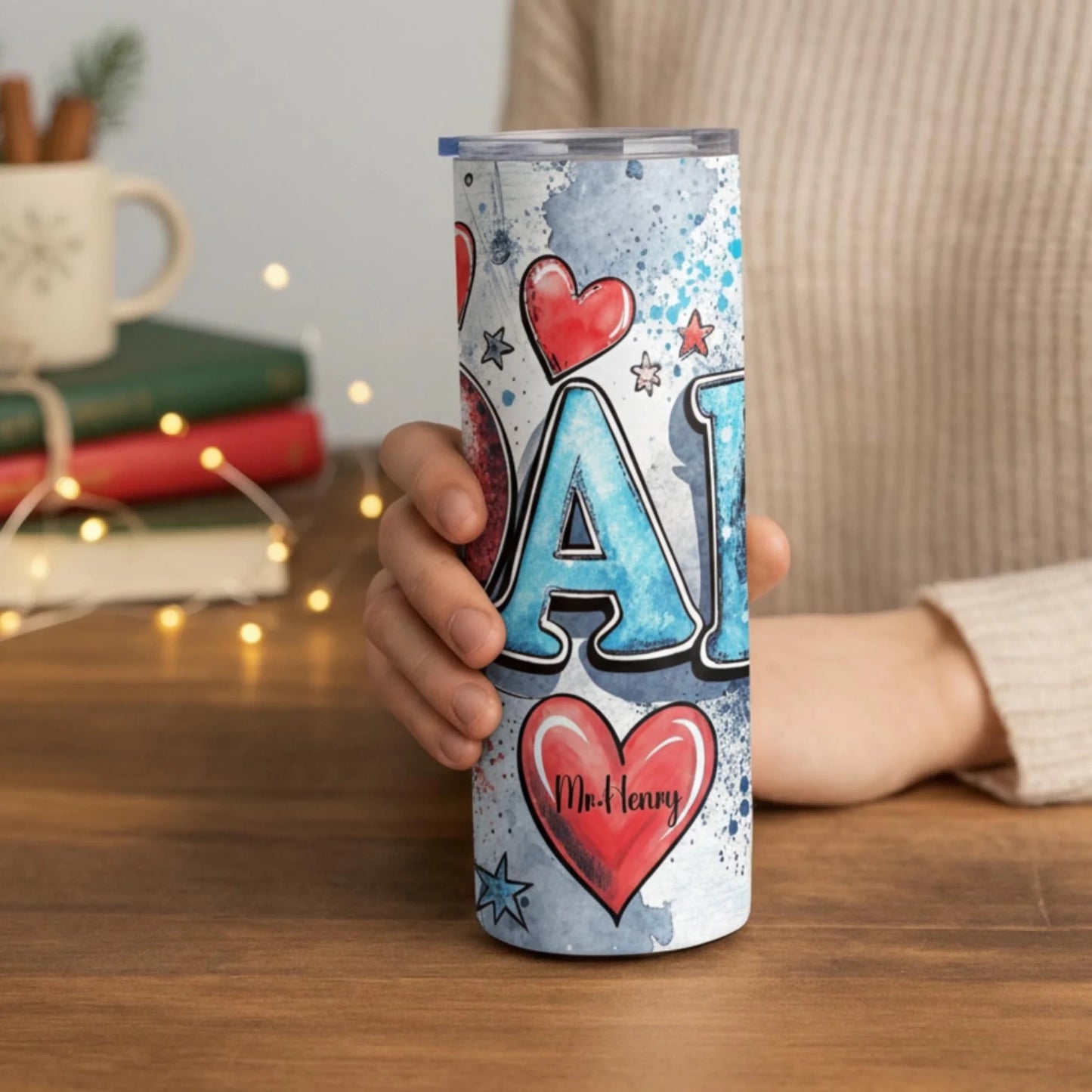 Personalized 20oz skinny tumbler – Personalized | lifestyle scene | custom name available, dishwasher safe, double-wall