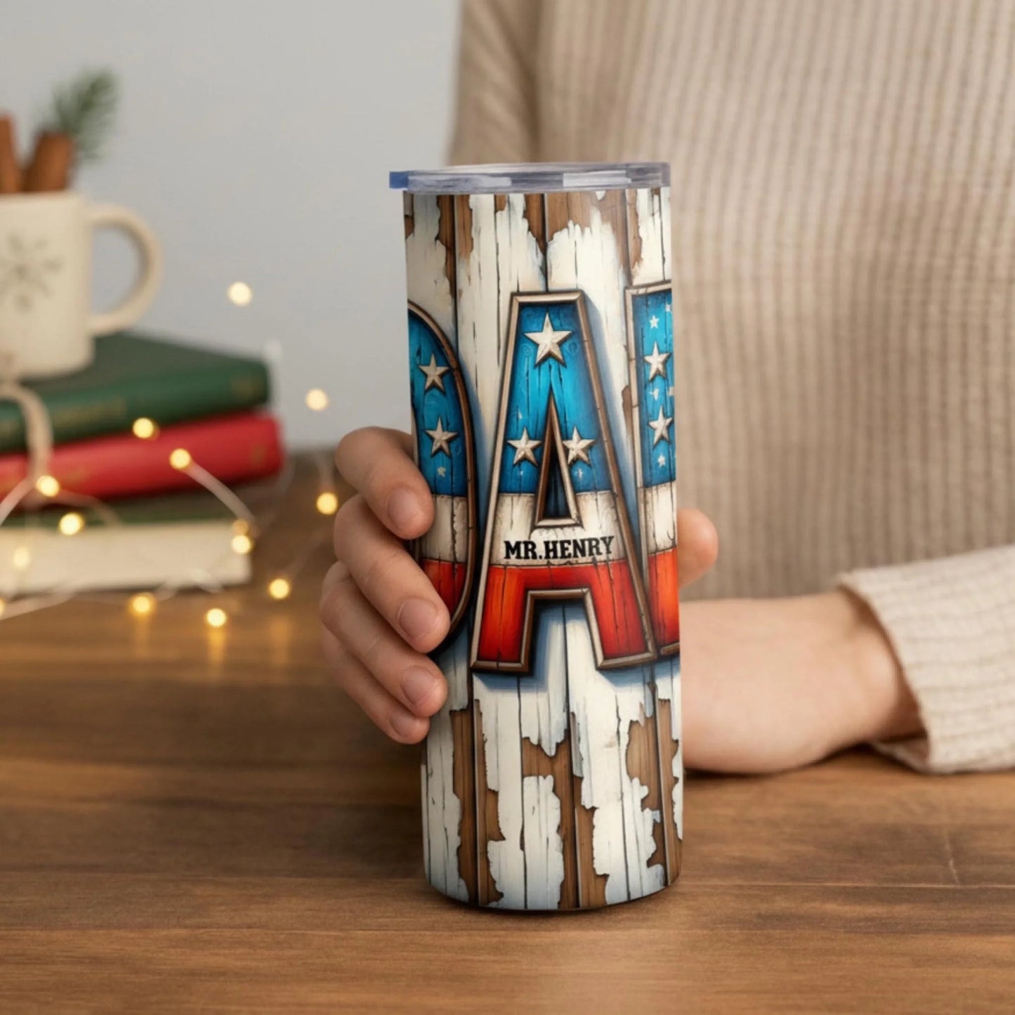 Personalized 20oz skinny tumbler – Personalized | lifestyle scene | custom name available, dishwasher safe, double-wall