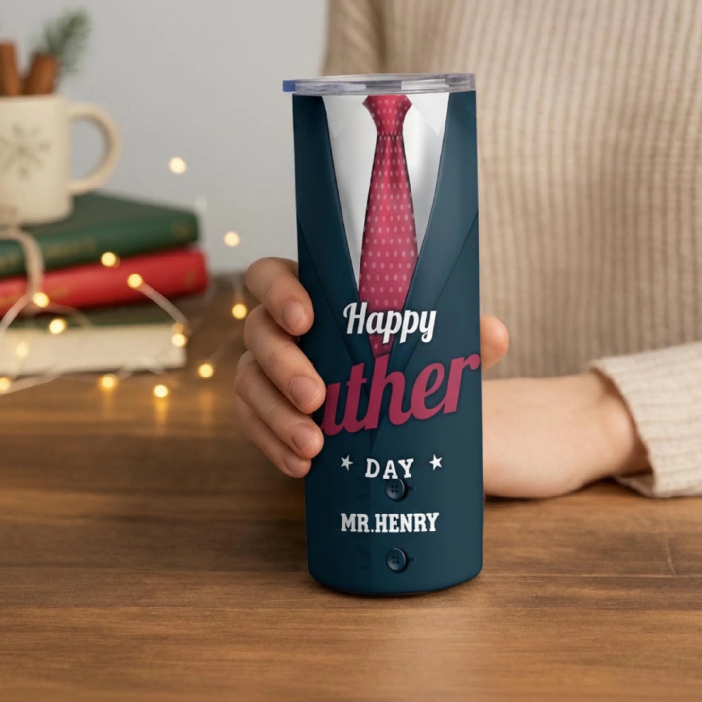 Personalized 20oz skinny tumbler – Personalized | lifestyle scene | custom name available, dishwasher safe, double-wall