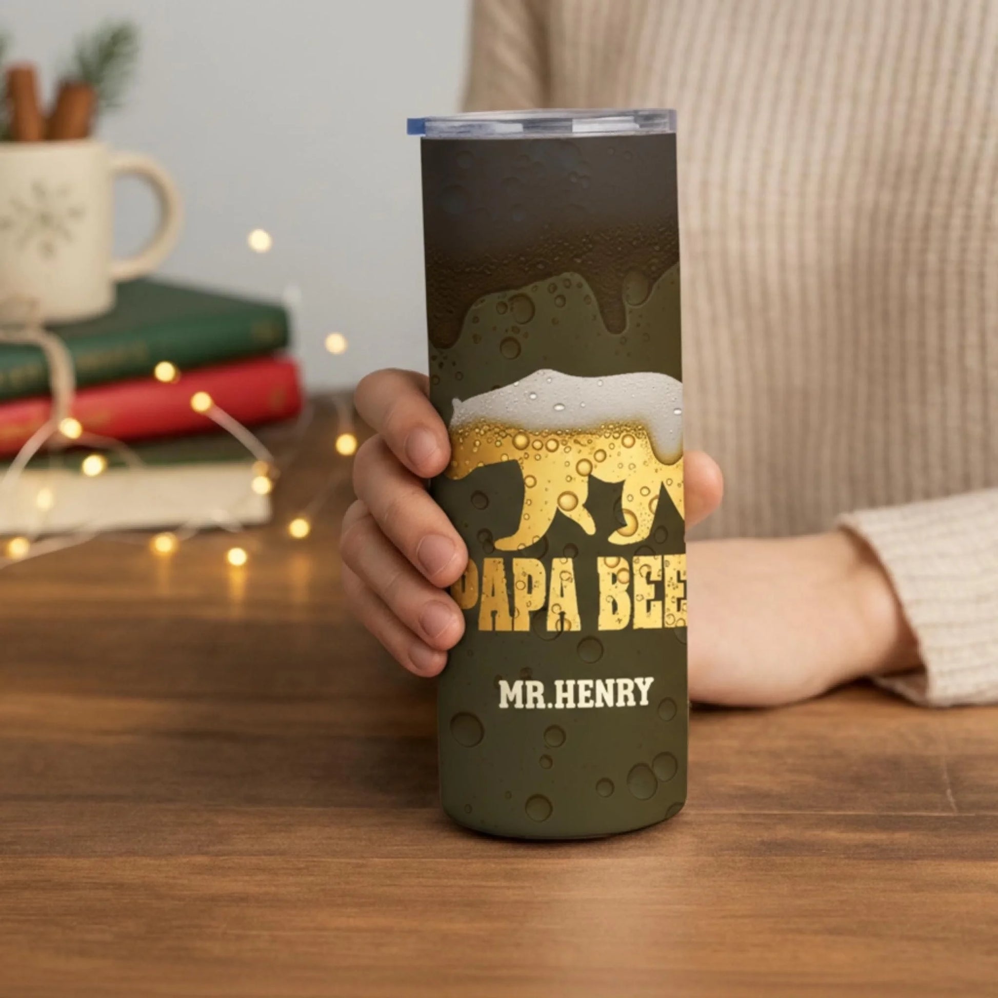 Personalized 20oz skinny tumbler – Personalized | lifestyle scene | custom name available, dishwasher safe, double-wall