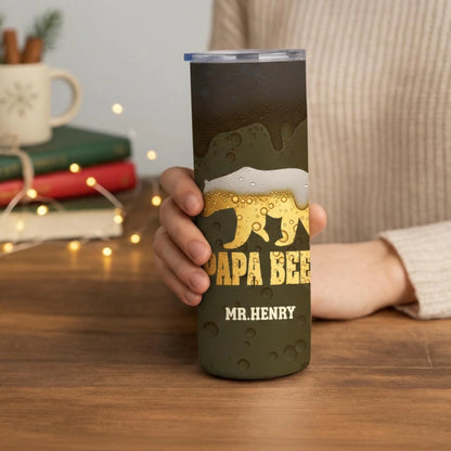 Personalized 20oz skinny tumbler – Personalized | lifestyle scene | custom name available, dishwasher safe, double-wall