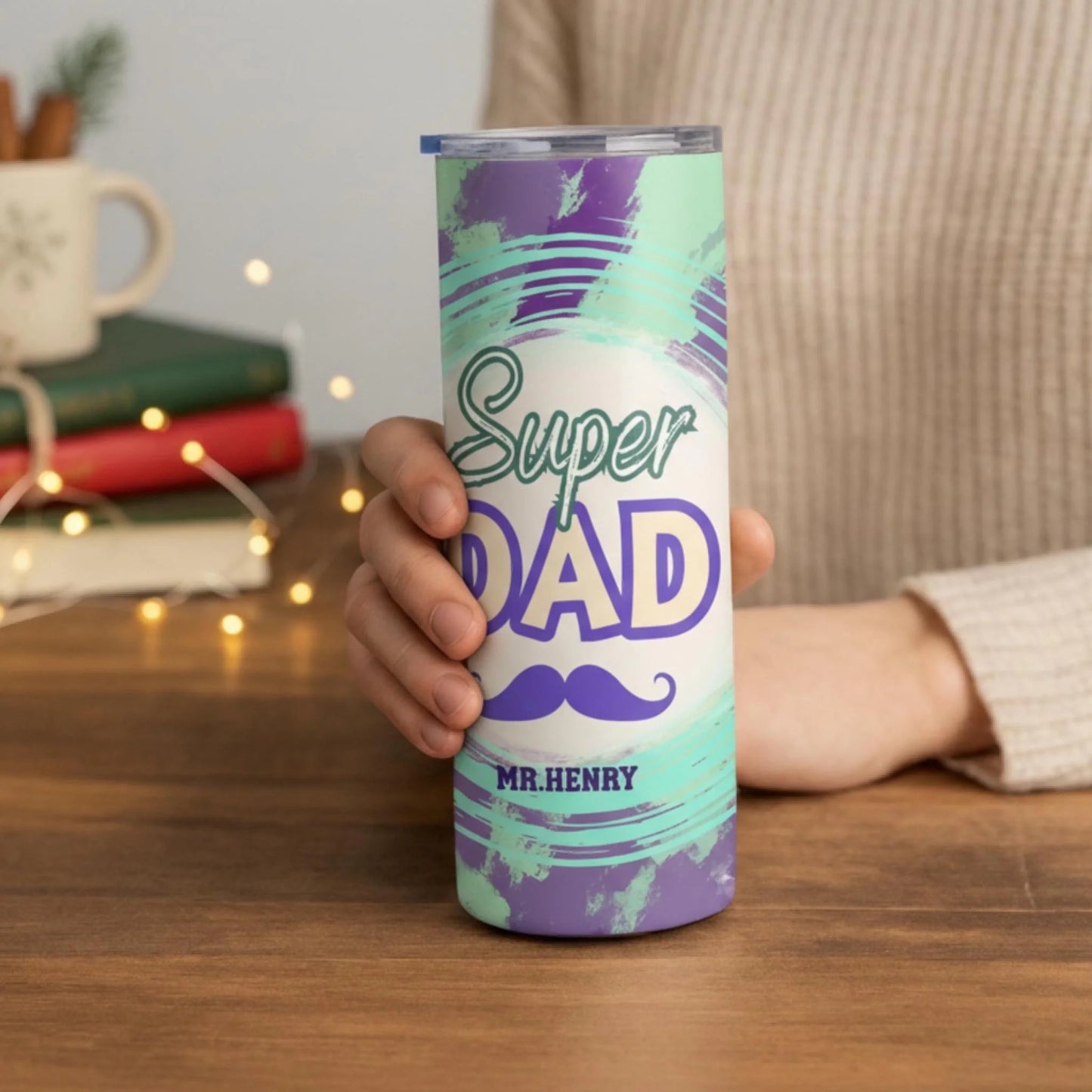 Personalized 20oz skinny tumbler – Personalized | lifestyle scene | custom name available, dishwasher safe, double-wall