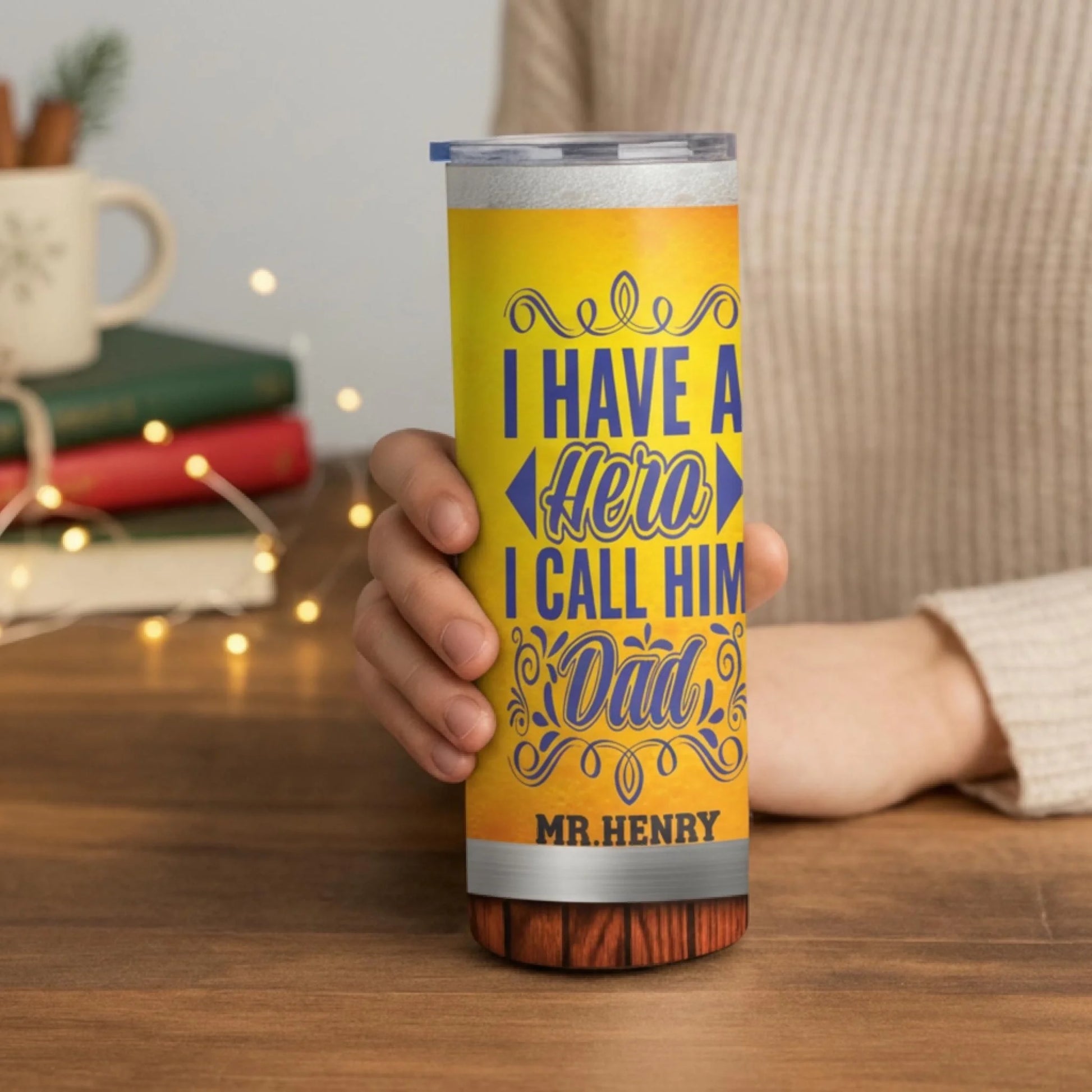 Personalized 20oz skinny tumbler – Personalized | lifestyle scene | custom name available, dishwasher safe, double-wall