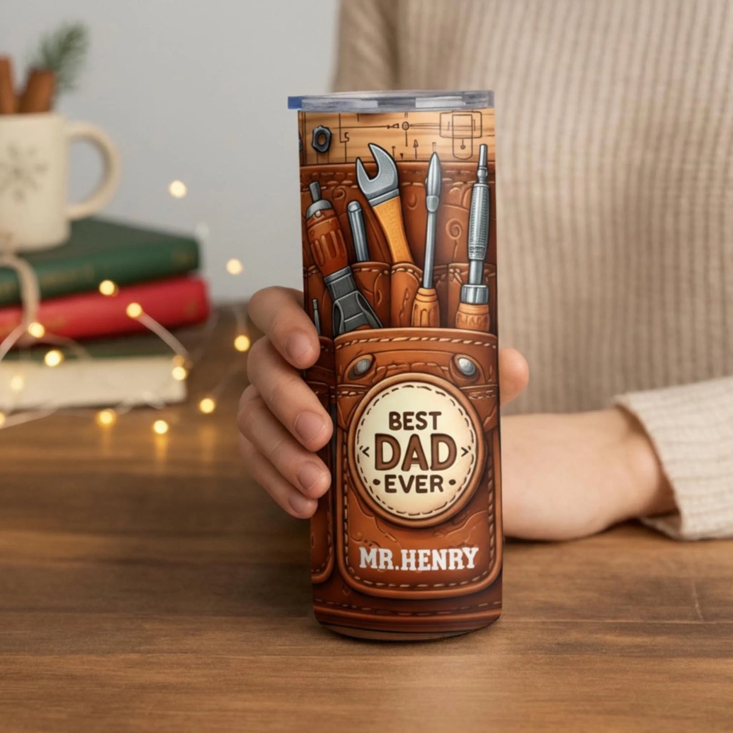 Personalized 20oz skinny tumbler – Personalized | lifestyle scene | custom name available, dishwasher safe, double-wall