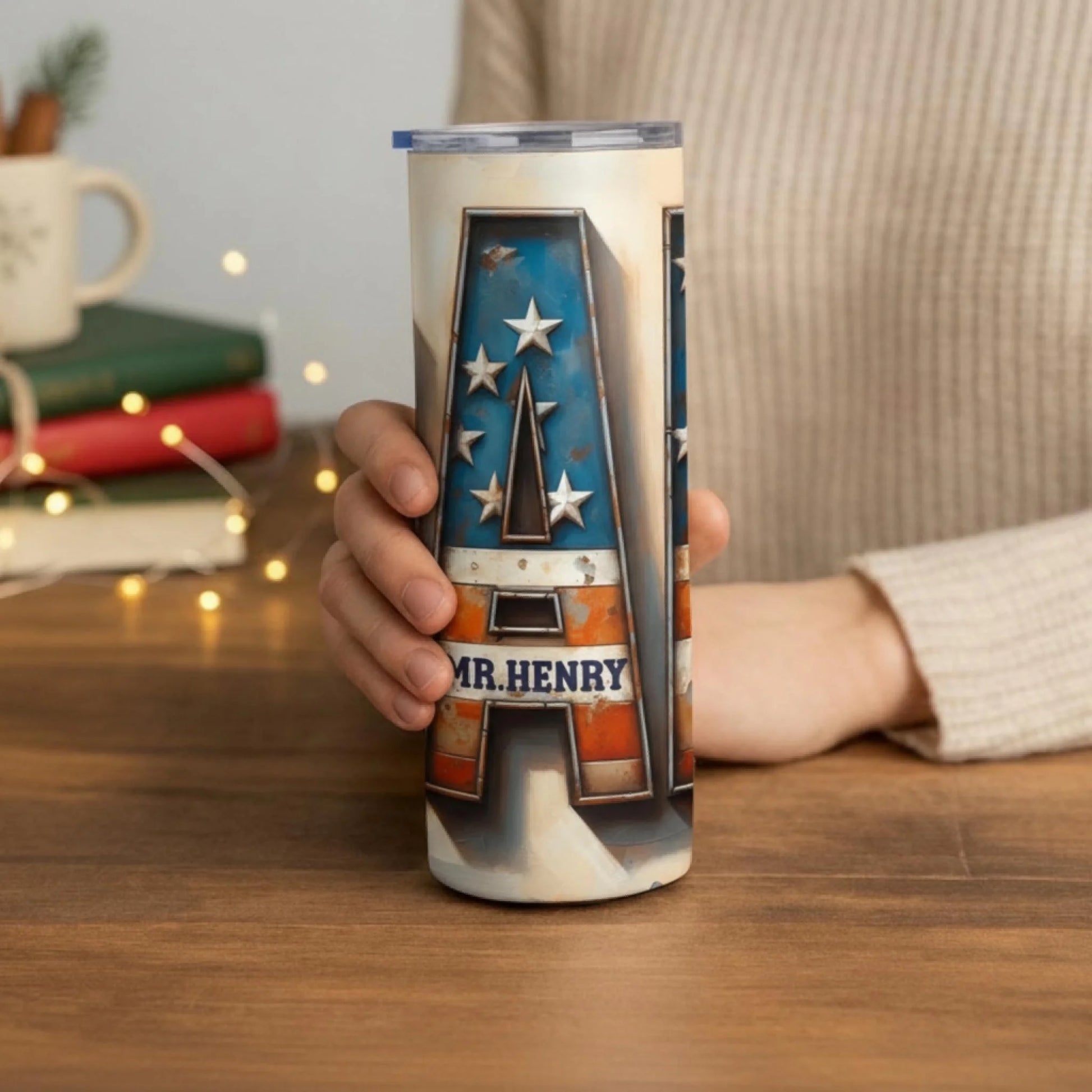 Personalized 20oz skinny tumbler – Personalized | lifestyle scene | custom name available, dishwasher safe, double-wall