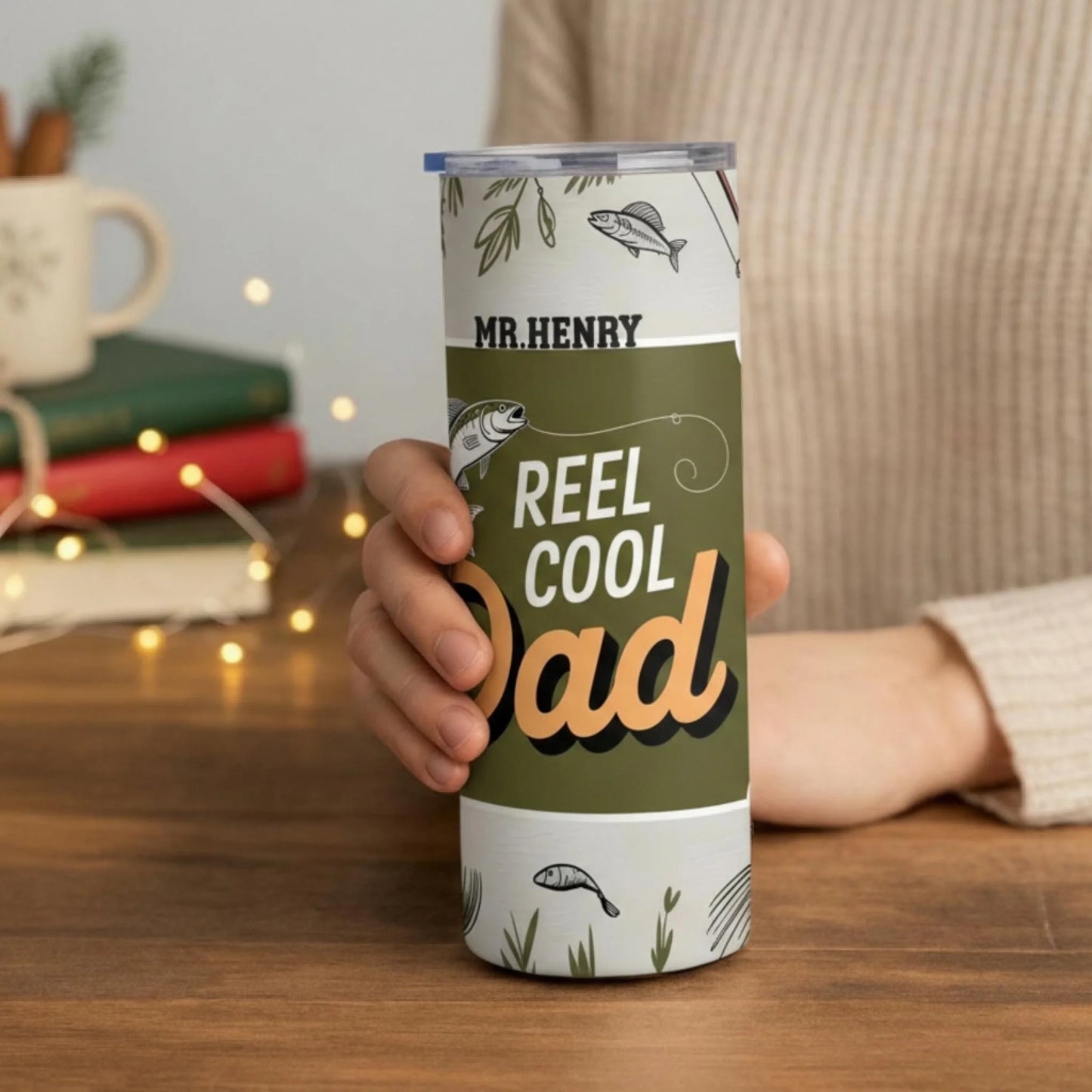 Personalized 20oz skinny tumbler – Personalized | lifestyle scene | custom name available, dishwasher safe, double-wall