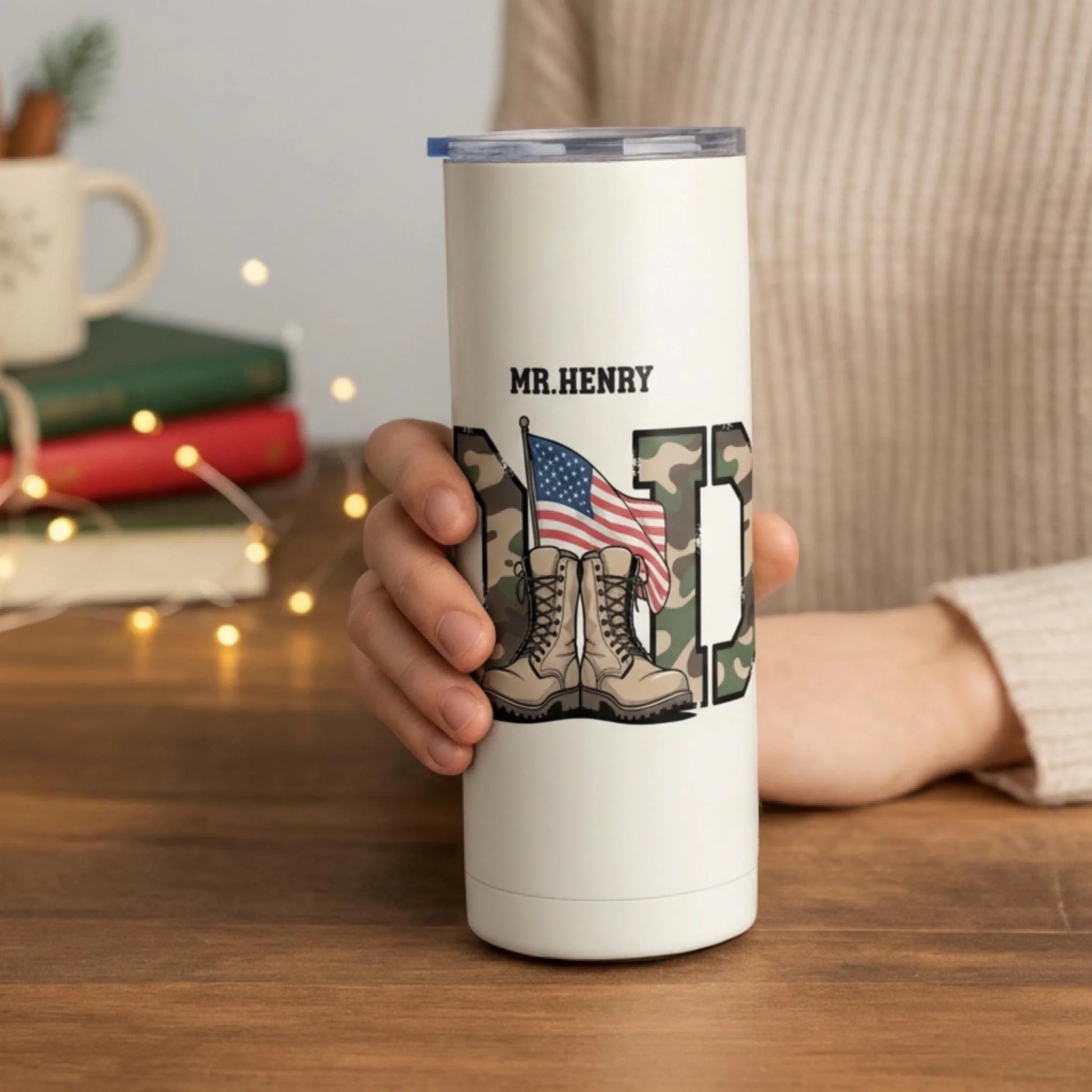 Personalized 20oz skinny tumbler – Personalized | lifestyle scene | custom name available, dishwasher safe, double-wall