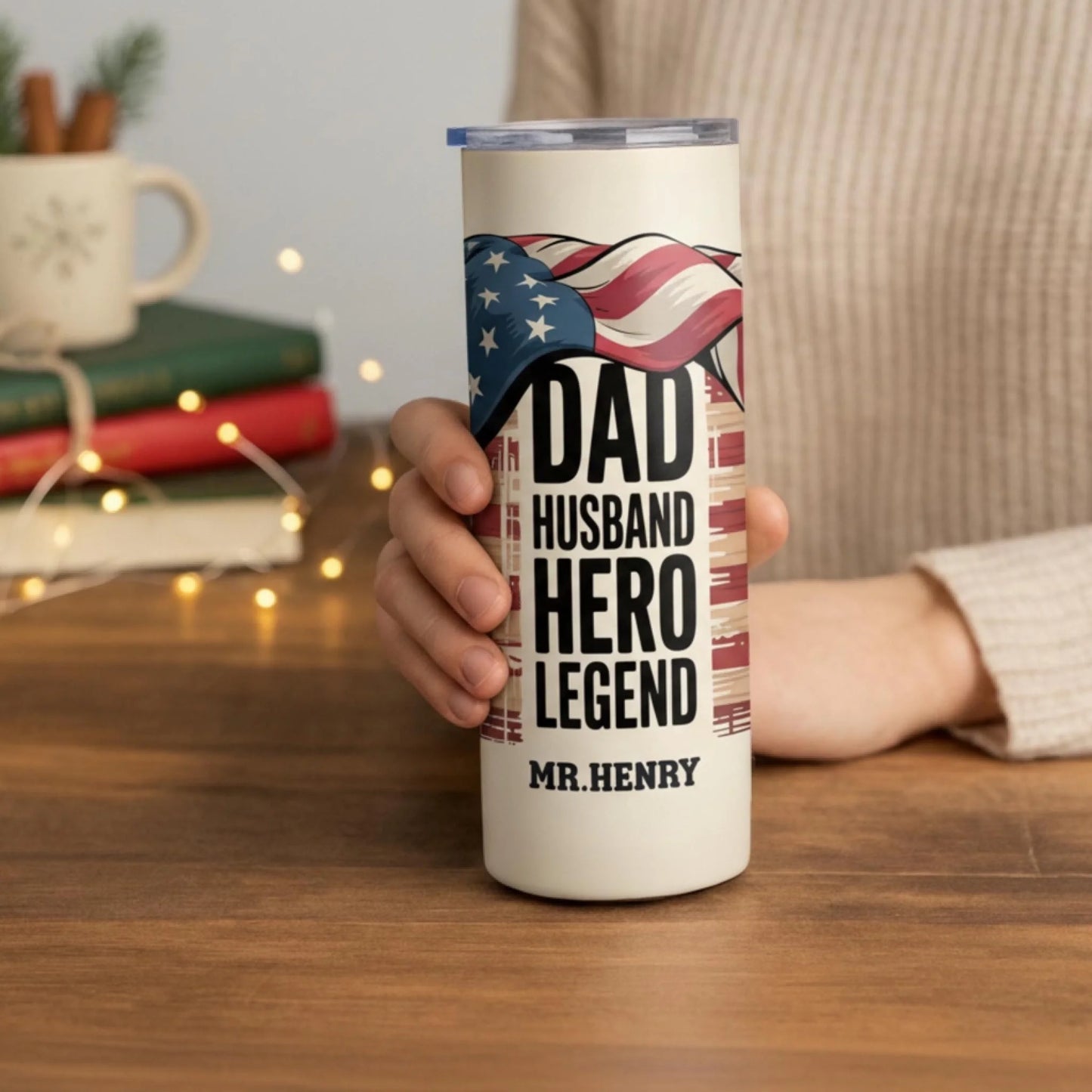 Personalized 20oz skinny tumbler – Personalized | lifestyle scene | custom name available, dishwasher safe, double-wall