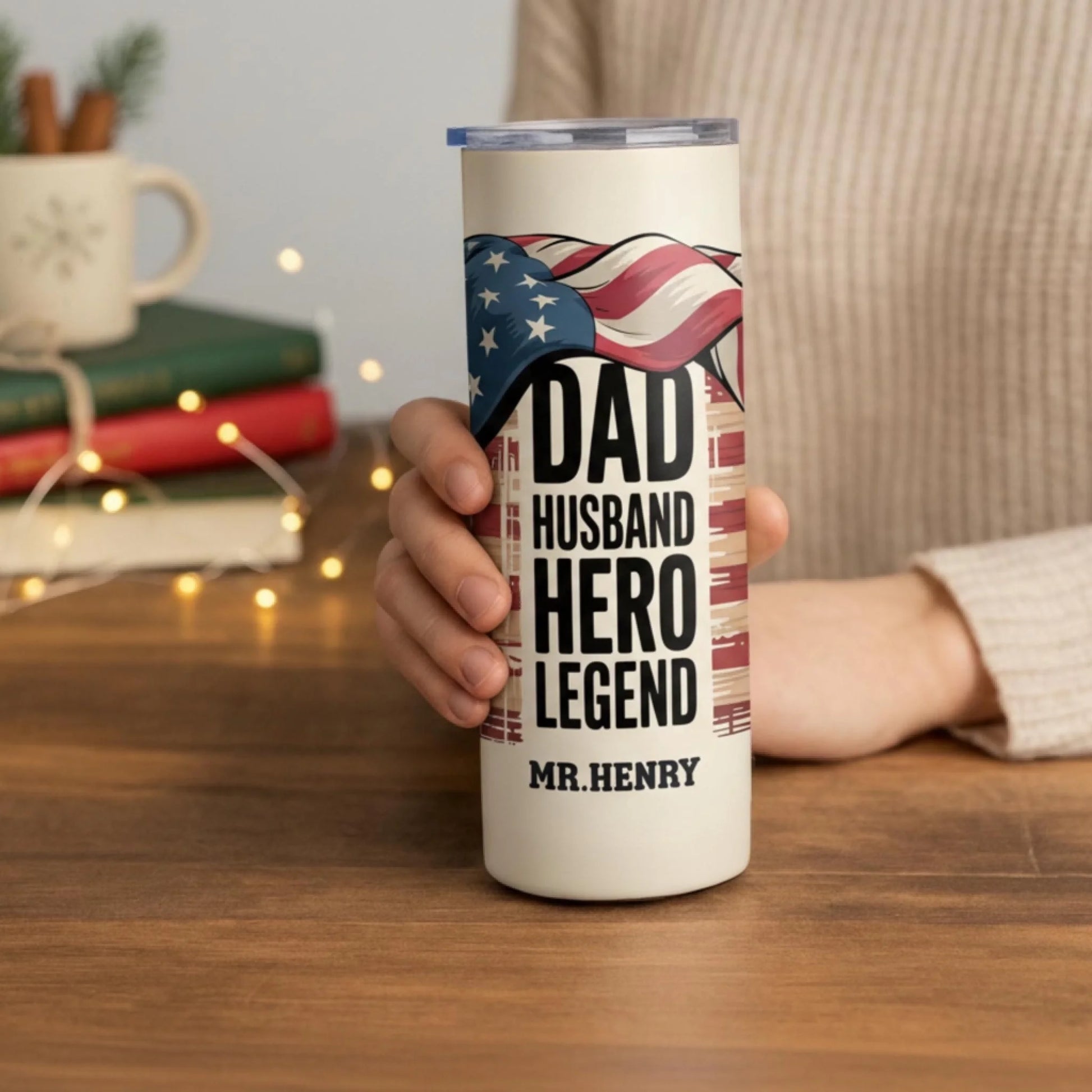 Personalized 20oz skinny tumbler – Personalized | lifestyle scene | custom name available, dishwasher safe, double-wall