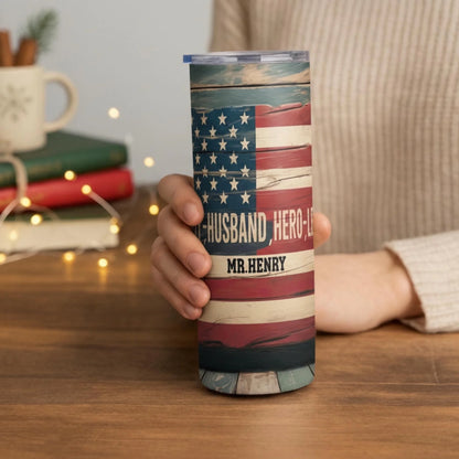 Personalized 20oz skinny tumbler – Personalized | lifestyle scene | custom name available, dishwasher safe, double-wall