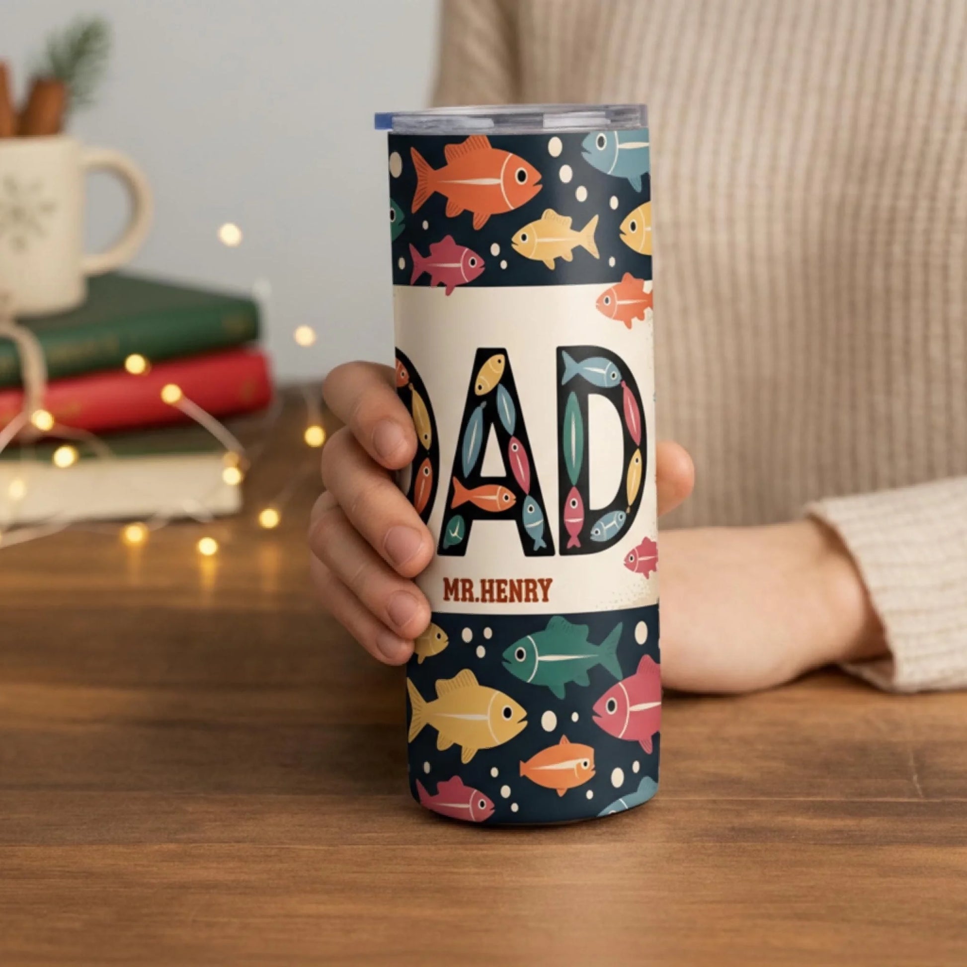 Personalized 20oz skinny tumbler – Personalized | lifestyle scene | custom name available, dishwasher safe, double-wall