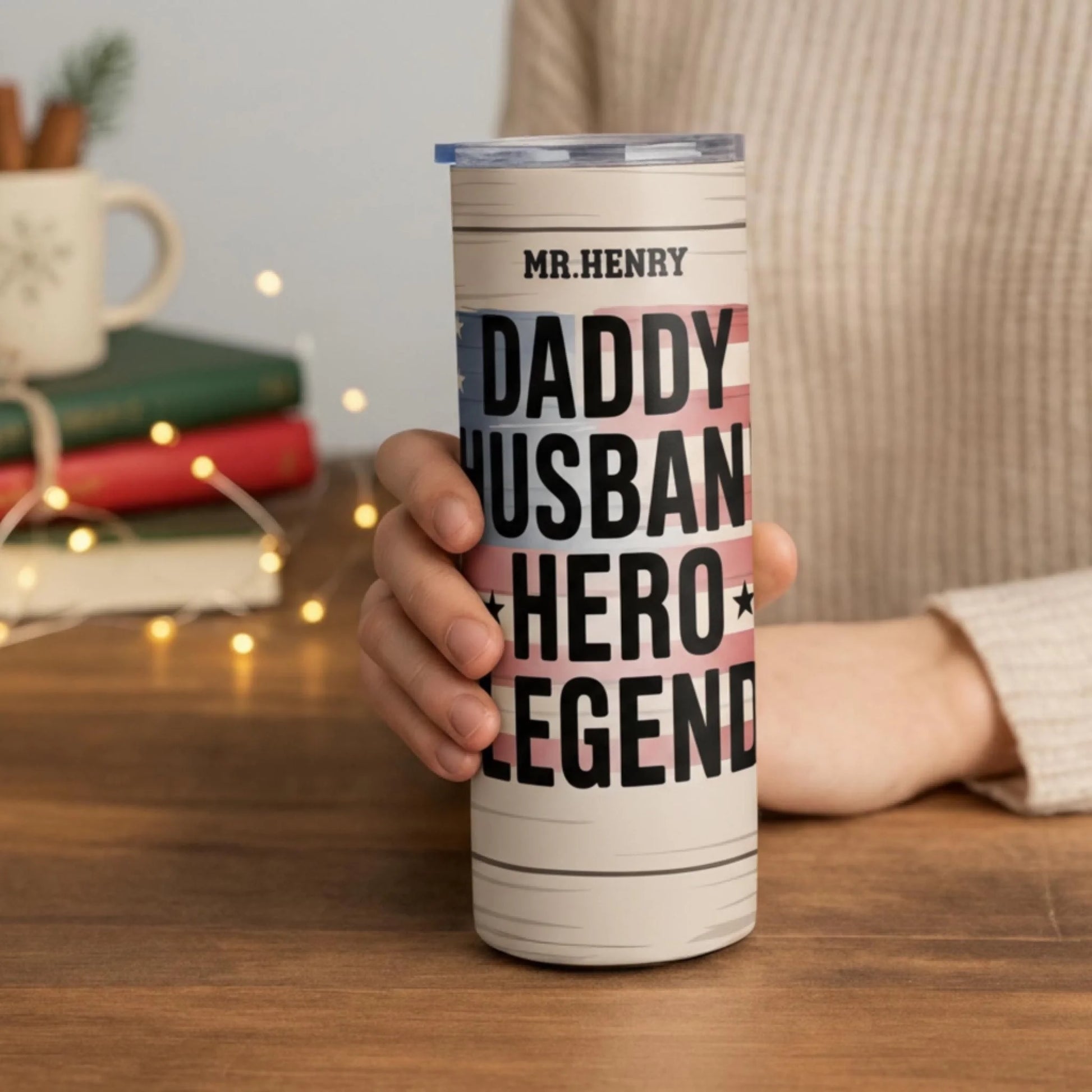 Personalized 20oz skinny tumbler – Personalized | lifestyle scene | custom name available, dishwasher safe, double-wall