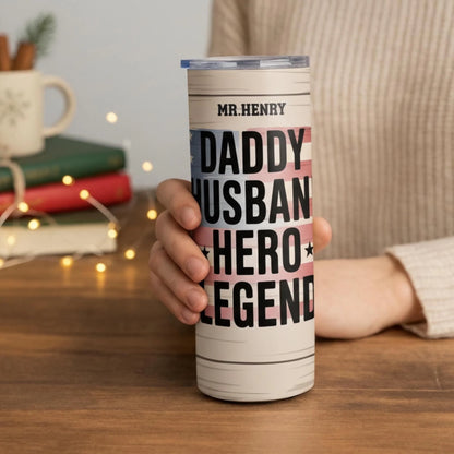 Personalized 20oz skinny tumbler – Personalized | lifestyle scene | custom name available, dishwasher safe, double-wall