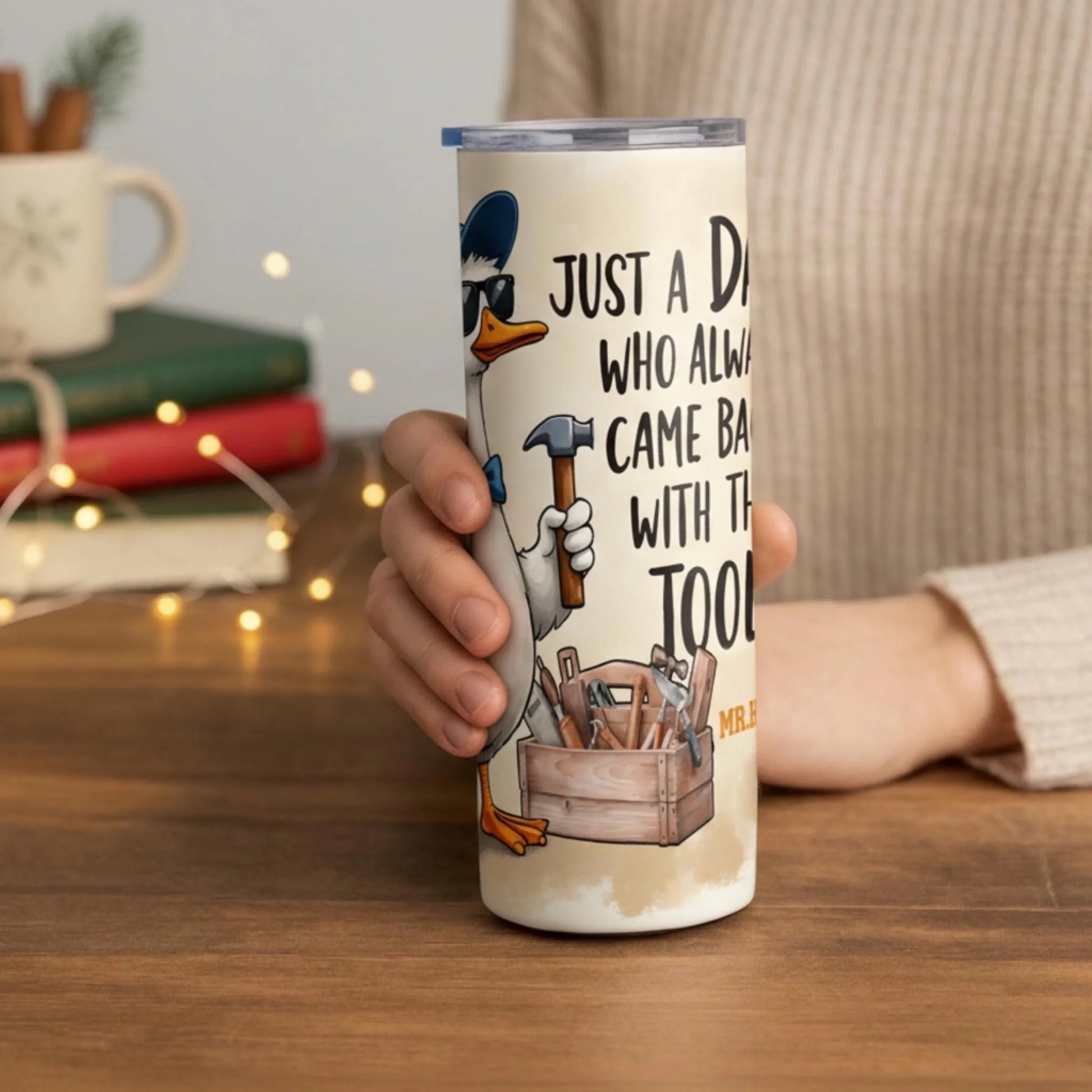 Personalized 20oz skinny tumbler – Personalized | lifestyle scene | custom name available, dishwasher safe, double-wall