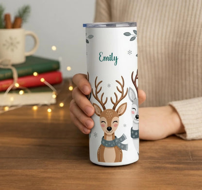 Personalized 20oz skinny tumbler – Christmas | lifestyle scene | custom name available, dishwasher safe, double-wall sta