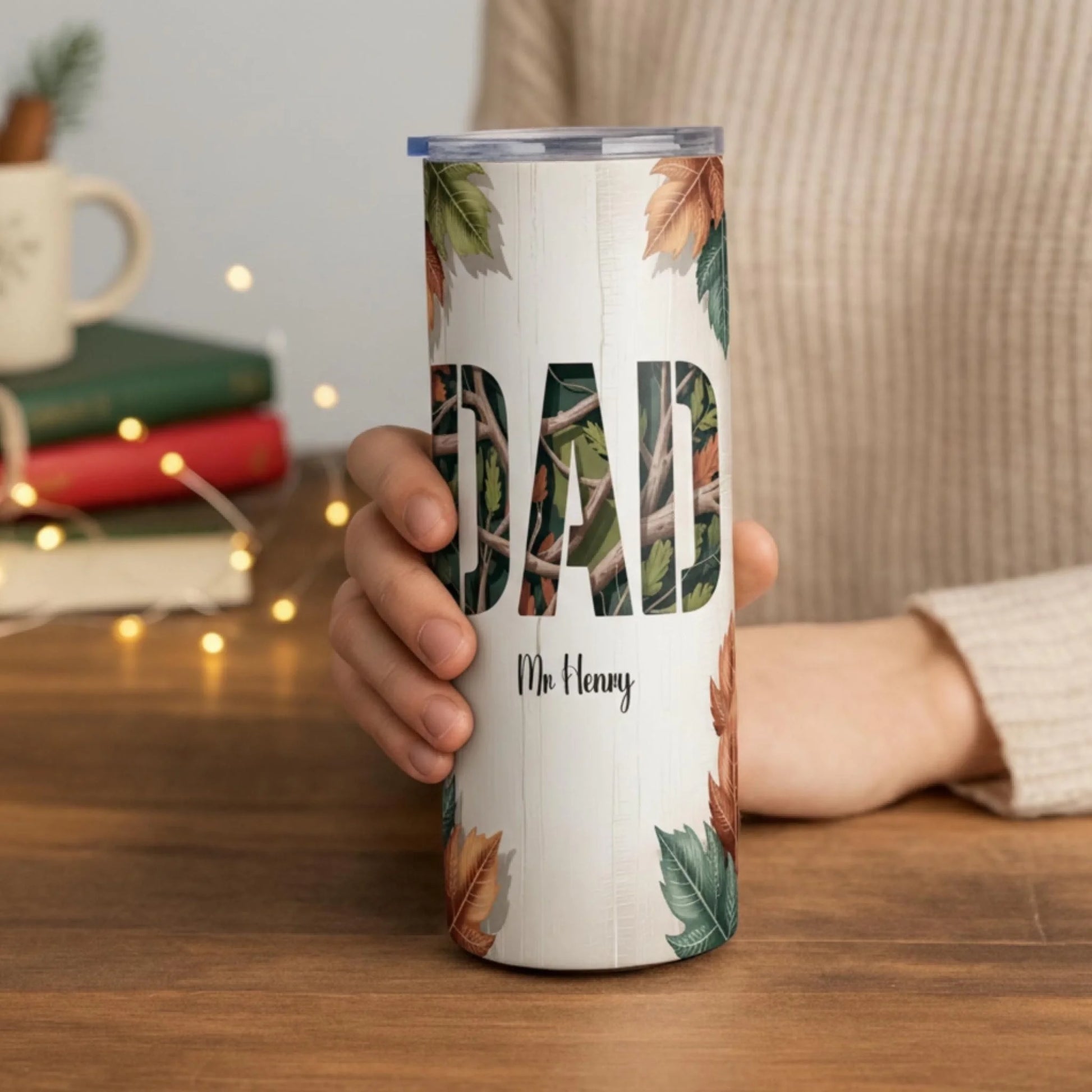 Personalized 20oz skinny tumbler – Personalized | lifestyle scene | custom name available, dishwasher safe, double-wall