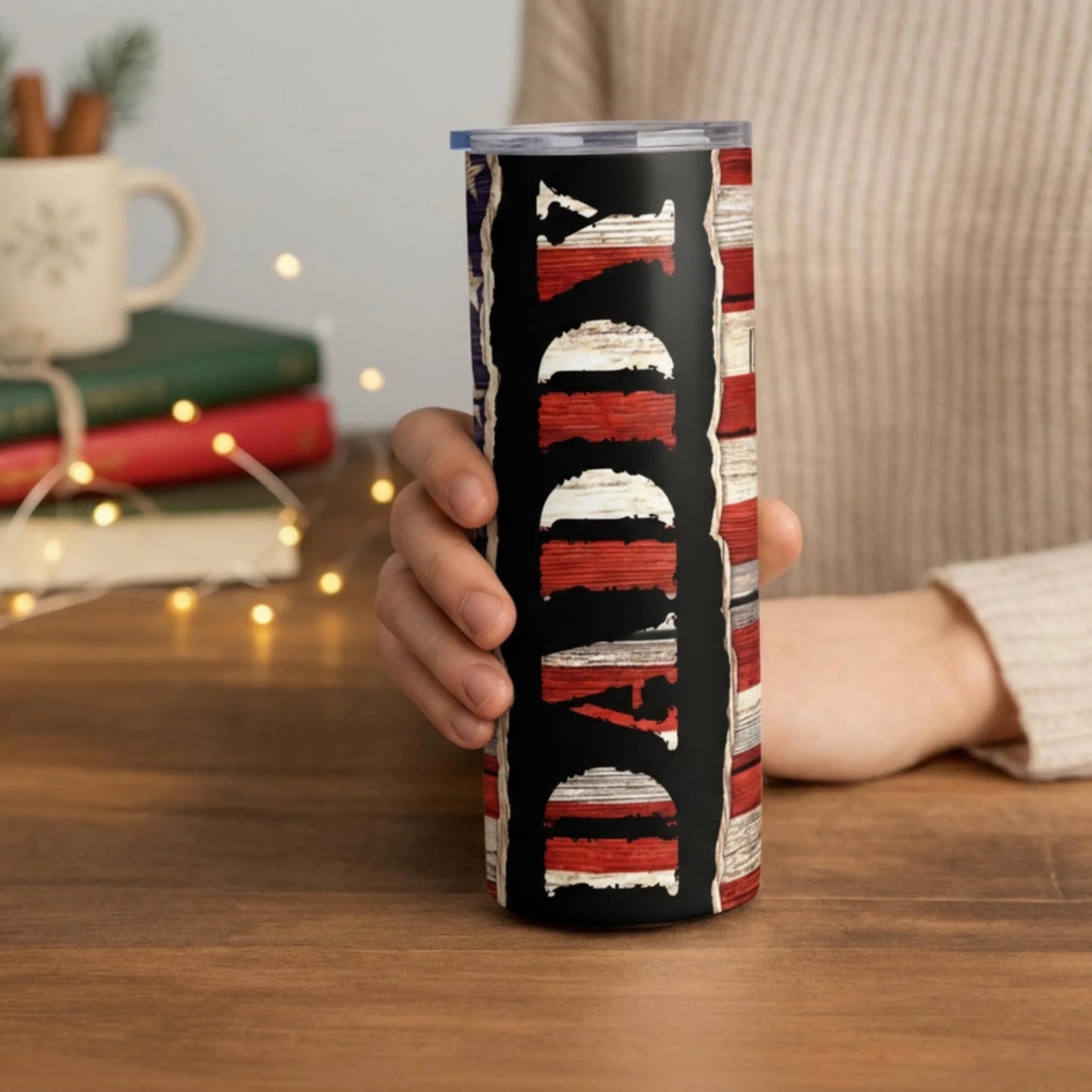 Personalized 20oz skinny tumbler – Personalized | lifestyle scene | custom name available, dishwasher safe, double-wall