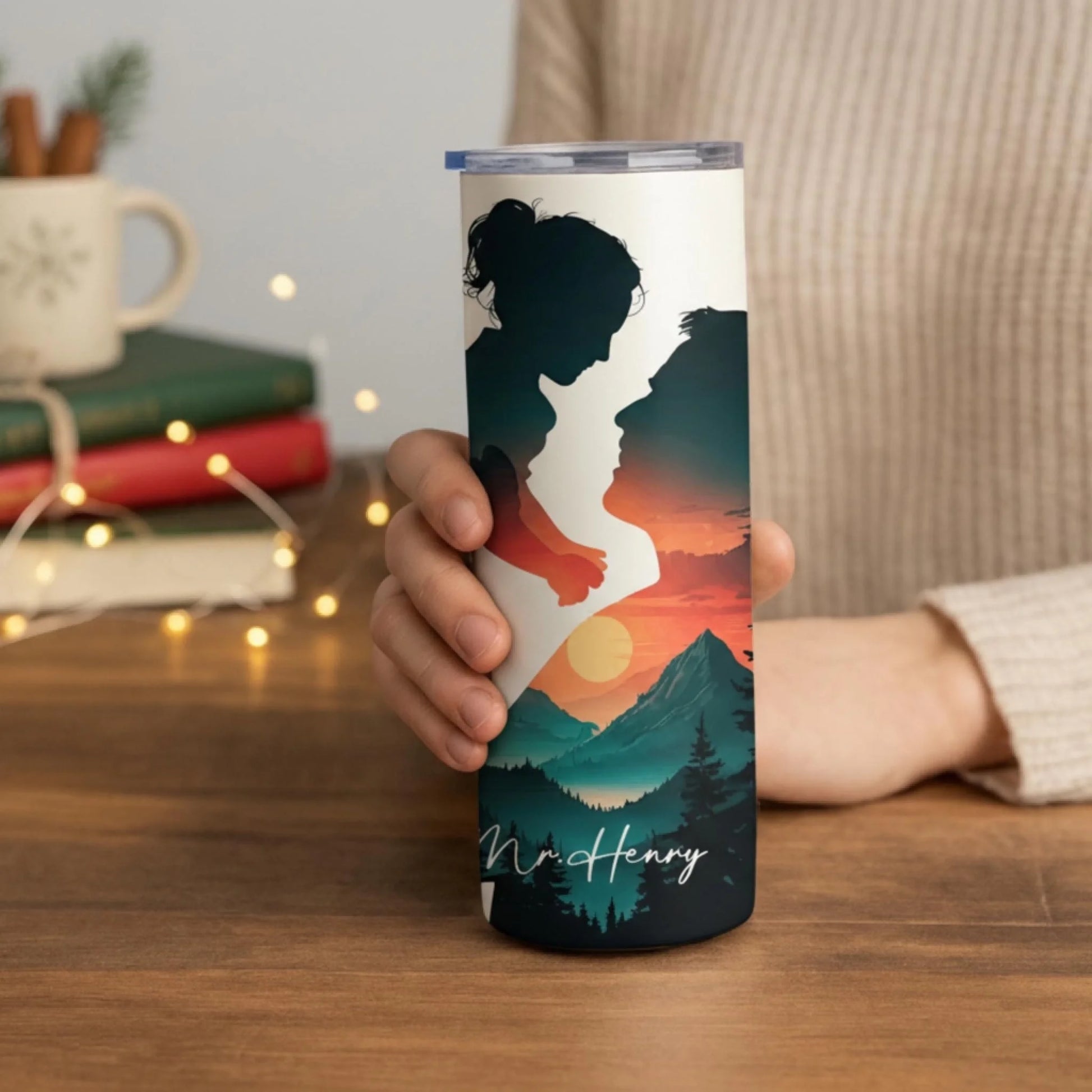 Personalized 20oz skinny tumbler – Personalized | lifestyle scene | custom name available, dishwasher safe, double-wall