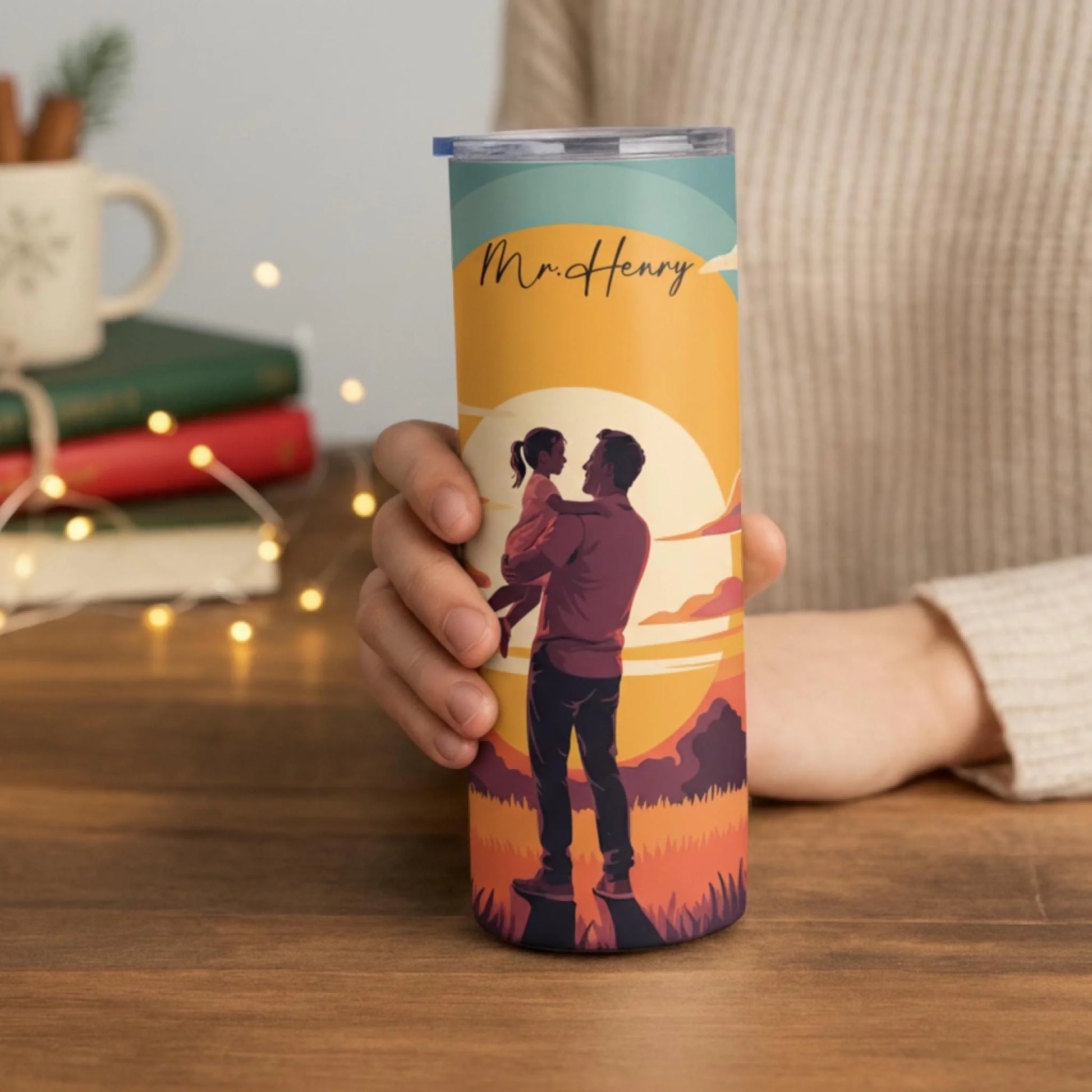 Personalized 20oz skinny tumbler – Personalized | lifestyle scene | custom name available, dishwasher safe, double-wall