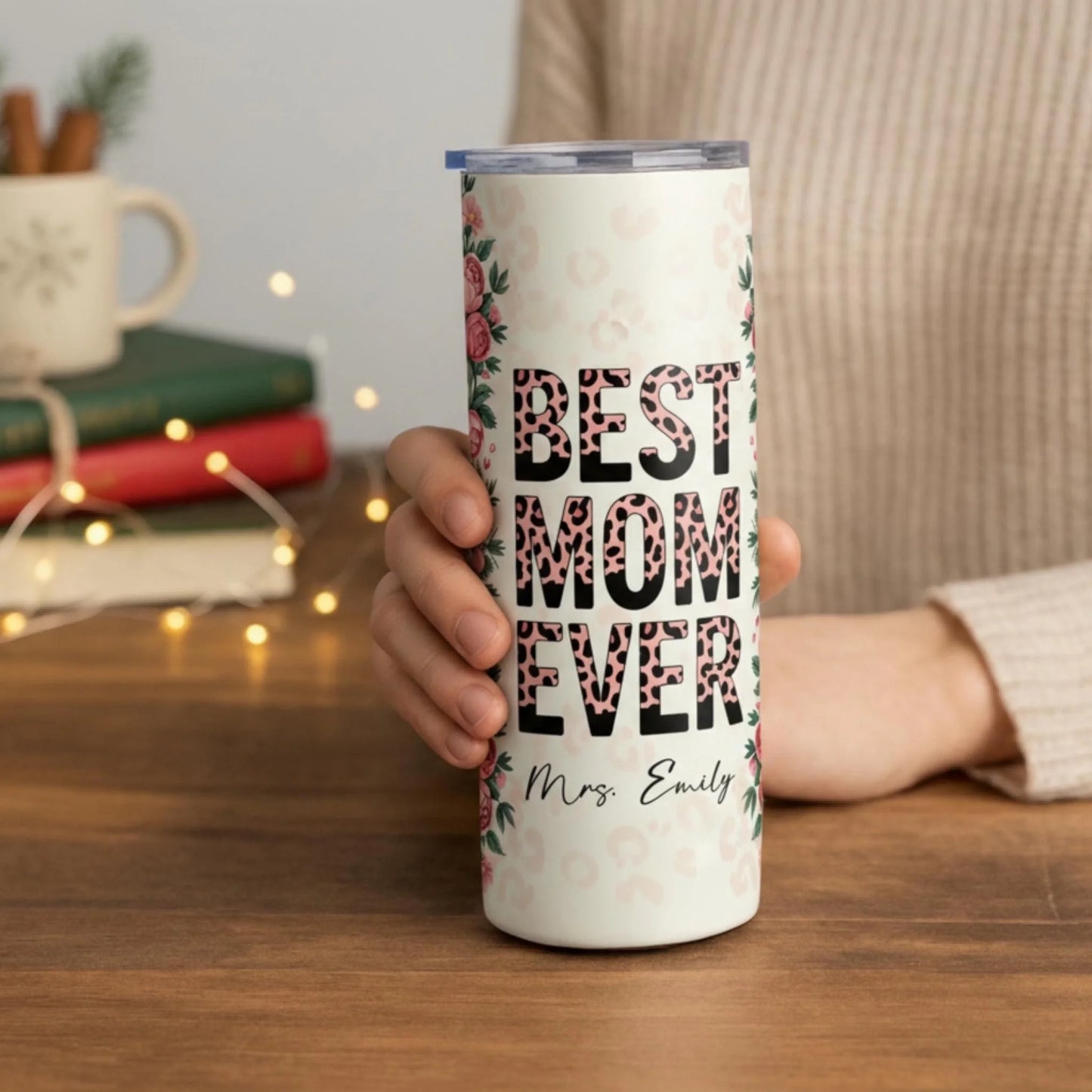 Personalized 20oz skinny tumbler – Personalized | lifestyle scene | custom name available, dishwasher safe, double-wall