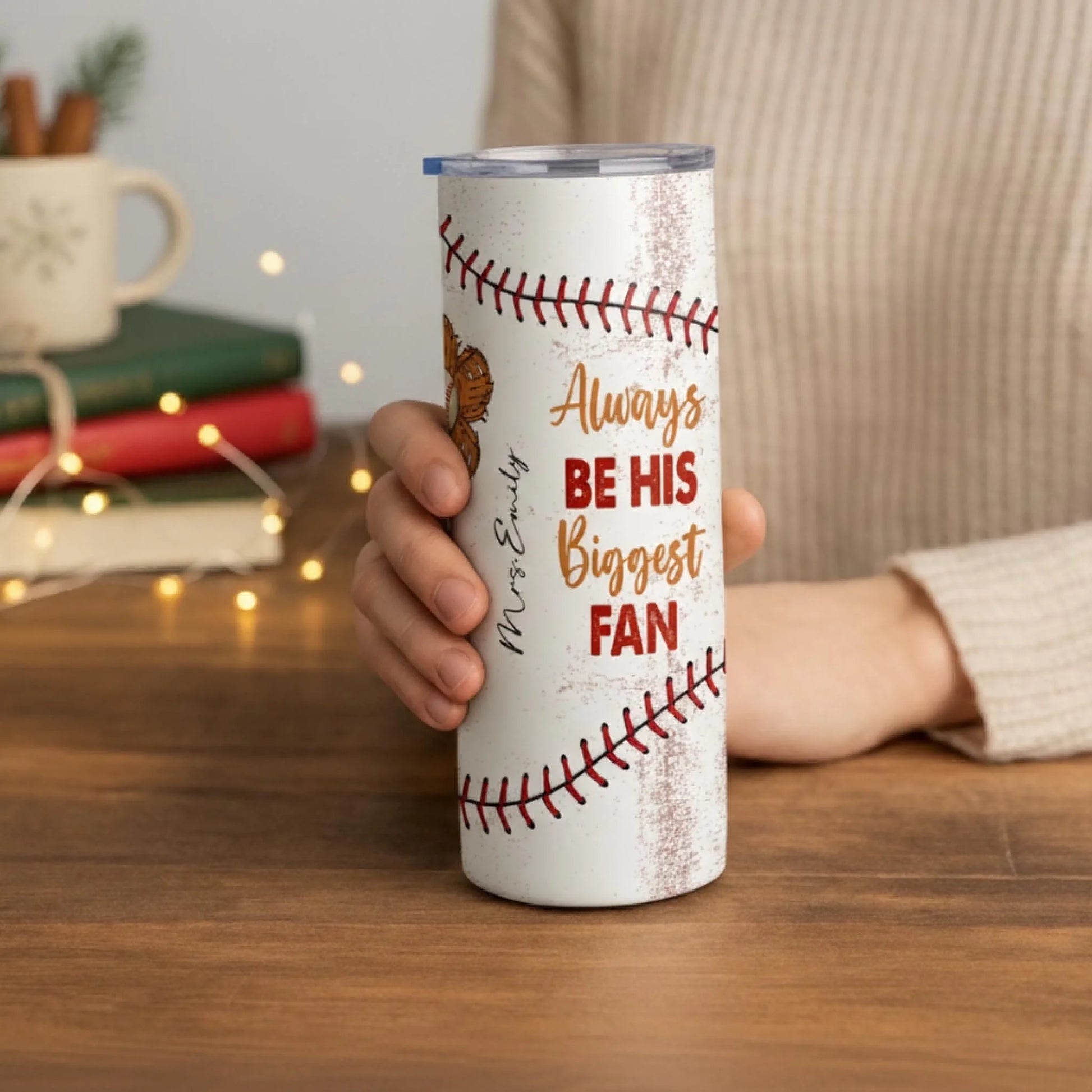 Personalized 20oz skinny tumbler – Personalized | lifestyle scene | custom name available, dishwasher safe, double-wall