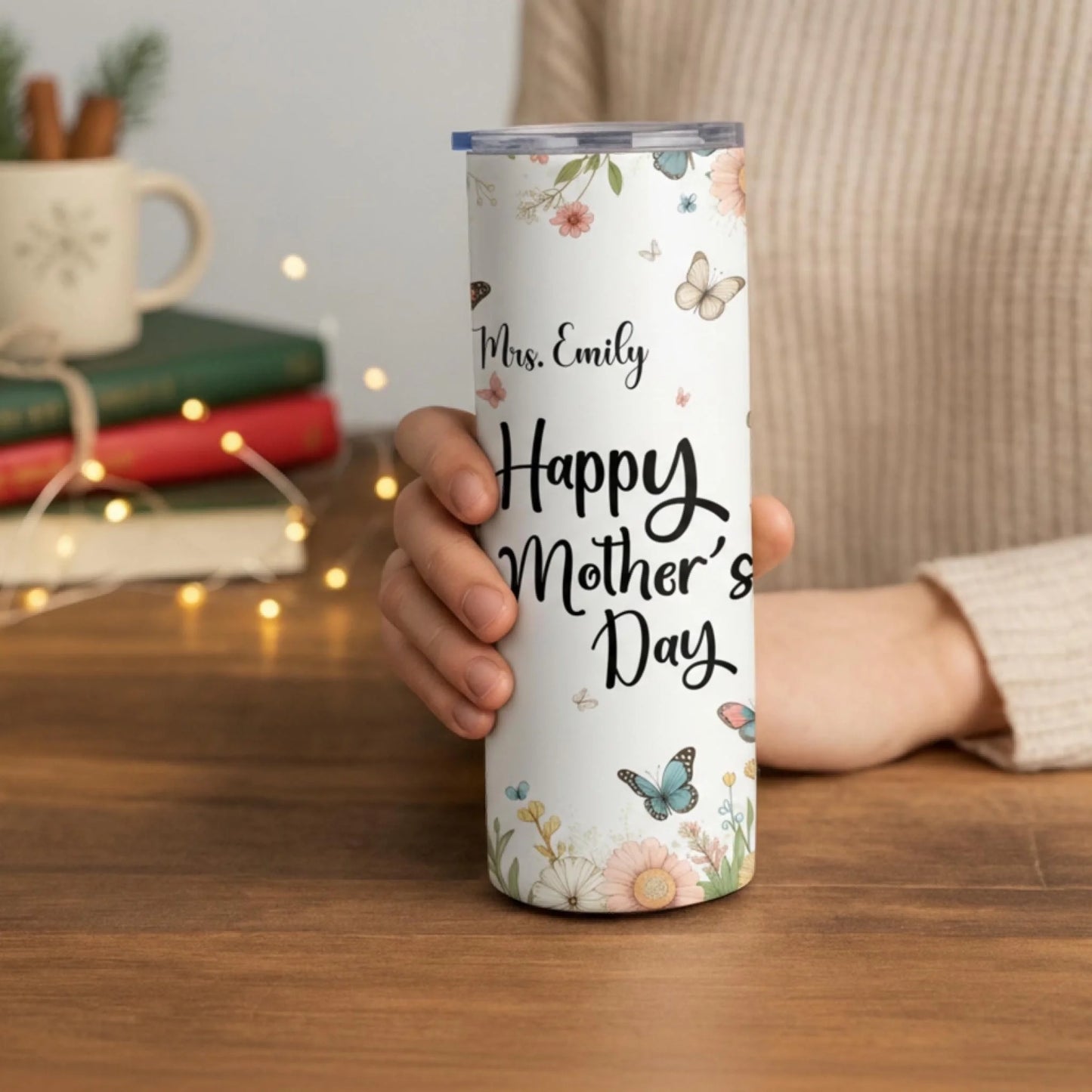 Personalized 20oz skinny tumbler – Personalized | lifestyle scene | custom name available, dishwasher safe, double-wall