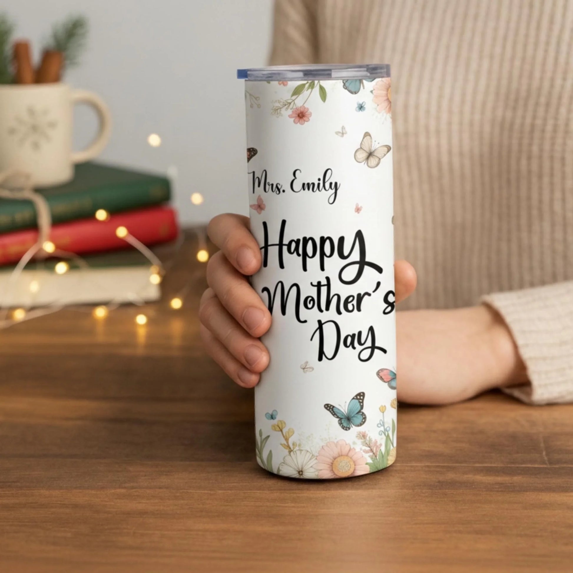 Personalized 20oz skinny tumbler – Personalized | lifestyle scene | custom name available, dishwasher safe, double-wall