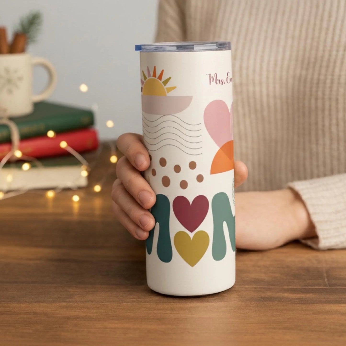 Personalized 20oz skinny tumbler – Personalized | lifestyle scene | custom name available, dishwasher safe, double-wall